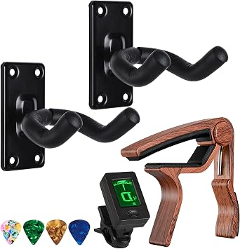 Guitar Hanger 2 Pack Guitar Wall Mount Hangers for Electric Acoustic and Bass Guitars Ukulele Guitar Capo, with Pick Holder Capo and Pick for Acoustic Electric Guitar,Ukulele