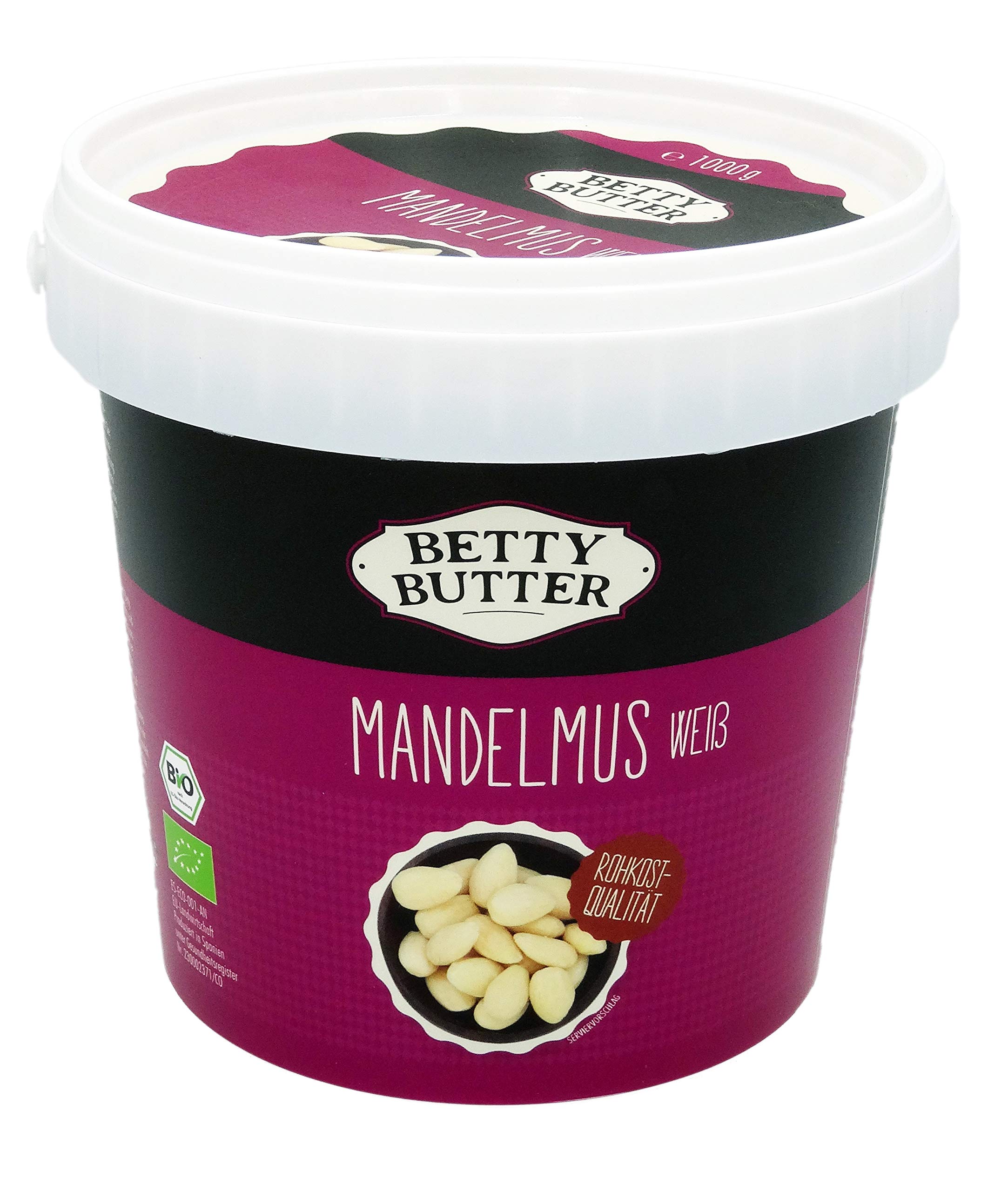 Bio Premium Mandelmus weiß, Rohkost-Qualität, 1 kg Eimer, natürliches Nussmus ohne Zucker, Mandelmus ohne Zucker, Mandelpüree, Mandelbutter, ohne Zusatzstoffe, kein Palmöl