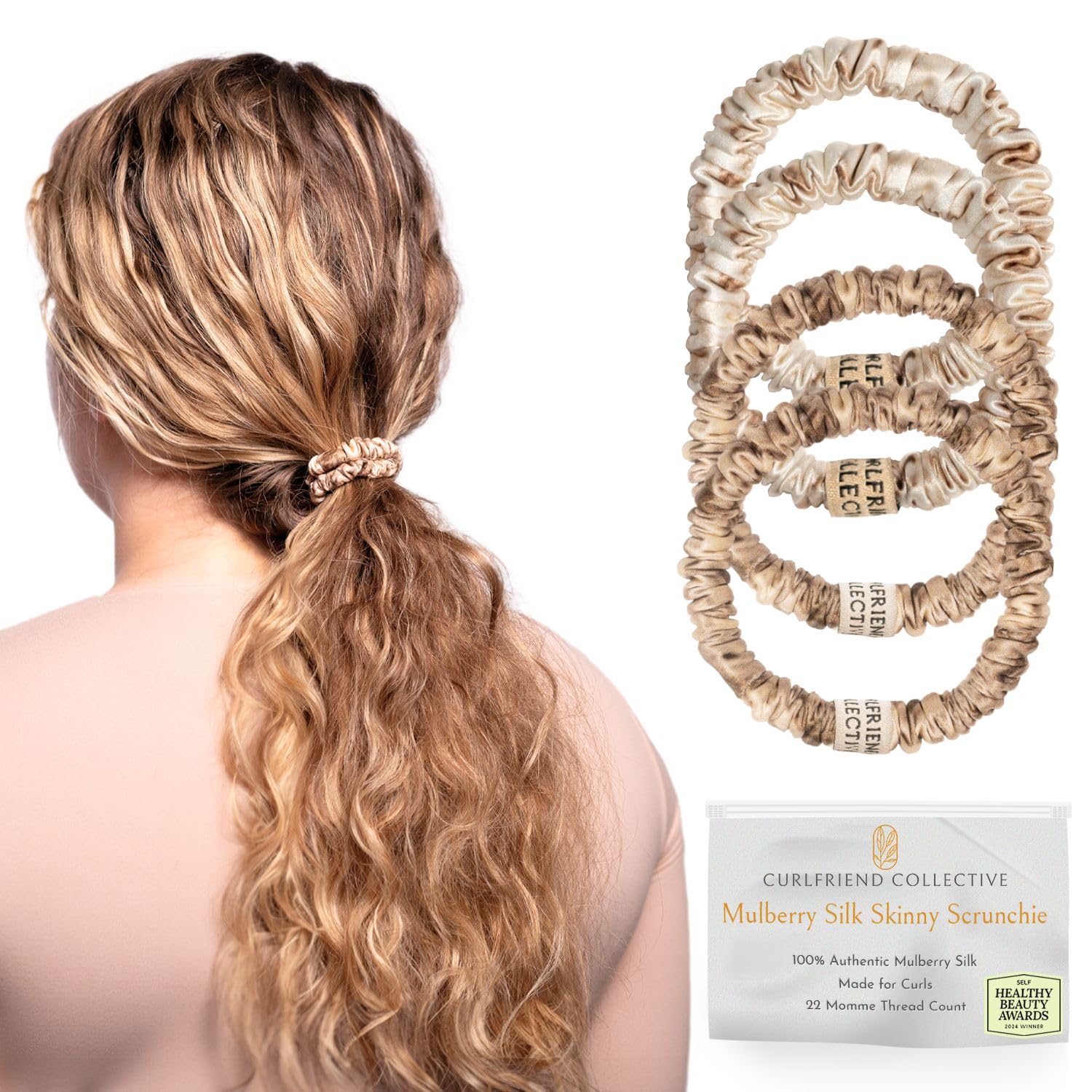 Skinny Silk Scrunchies Anti Breakage Hair Ties for Curly Thick Hair 4 Pack Pink Skinny Silk Scrunchies, Damage Free Hair Tie, Silknlove  main image 2