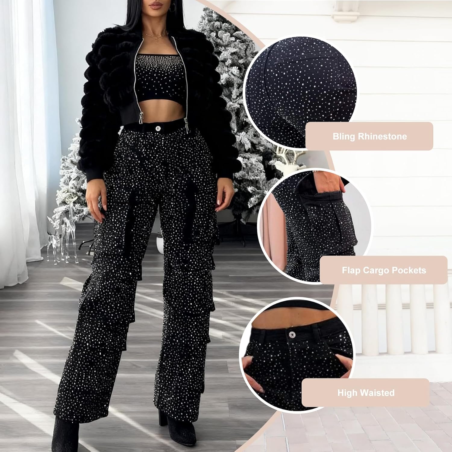 LETSVDO Women's Rhinestone Cargo Jeans Baggy High Waisted Wide Leg Sparkly Denim Pants Stretch Glitter Bling Trousers - Image 4