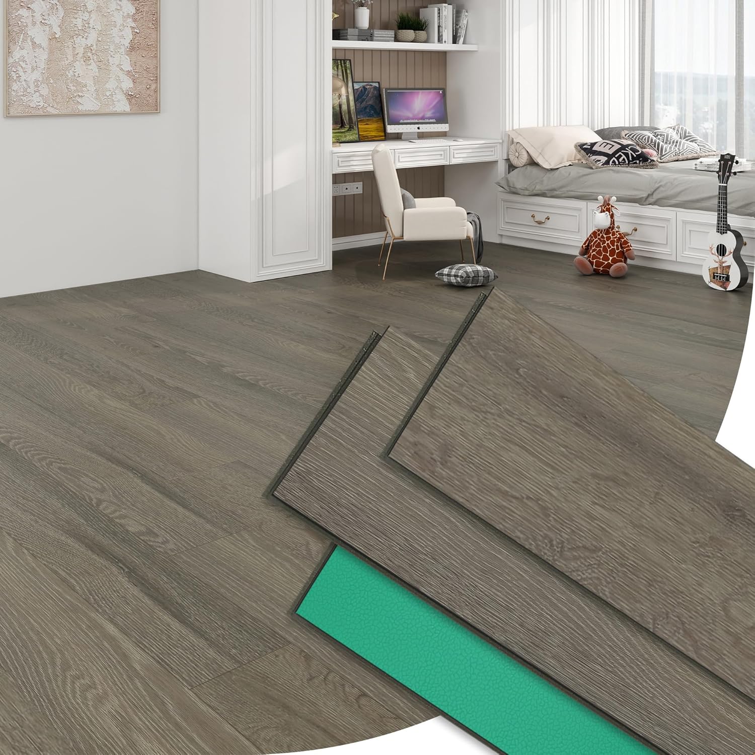 12mm Hybrid Luxury Vinyl Laminate Flooring Plank Wood Look Click Lock Rigid Core Waterproof Engineered Floor 7.7×47.83in with IXPE Pad 8 Lvp Planks AC4 Wear Layer for Living Room,Gray Oak