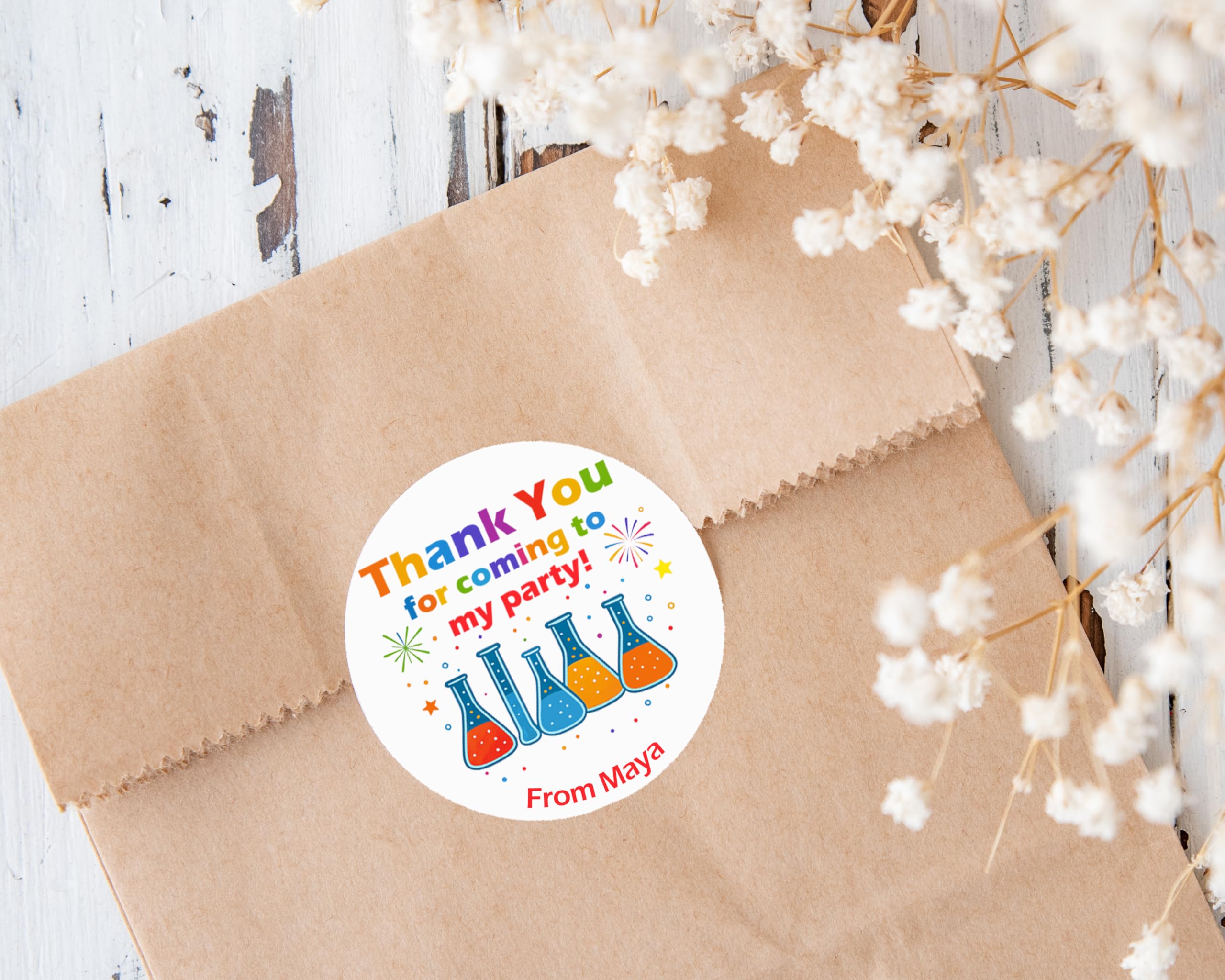 Treasured Forever Limited Design 2 Personalised Science Party Stickers X35 (37Mm) Round Labels For Party Bags, Favours Or Sweet Cones – Science Themed Birthday Decoration - 35 Green Stickers