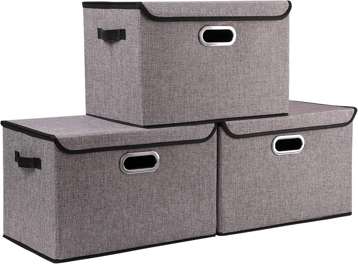 Collapsible Storage Box Container Bins with Lids Covers[3Pack] Large Odorless Linen Fabric Storage Organizers Cube with Metal Handles for Office, Bedroom, Closet, Toys