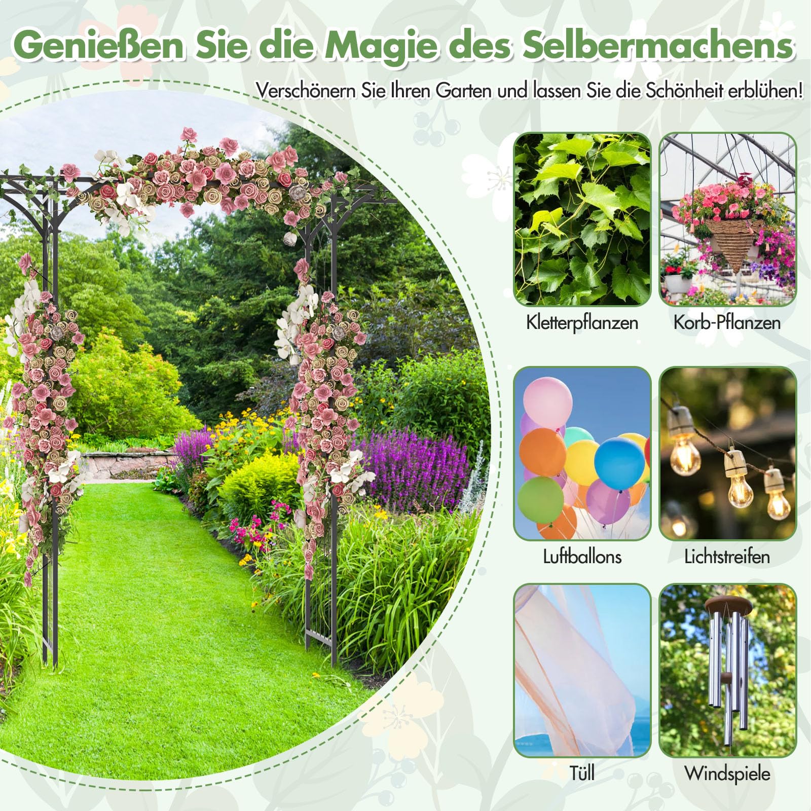GOPLUS Rosenbogen aus Metall, 200 x 52 x 206 cm Gartenbogen mit Spalieren & erweitertem Dach, Torbogen Pergola Rankhilfe Hochzeitsbogen für Garten, Hochzeit & Party