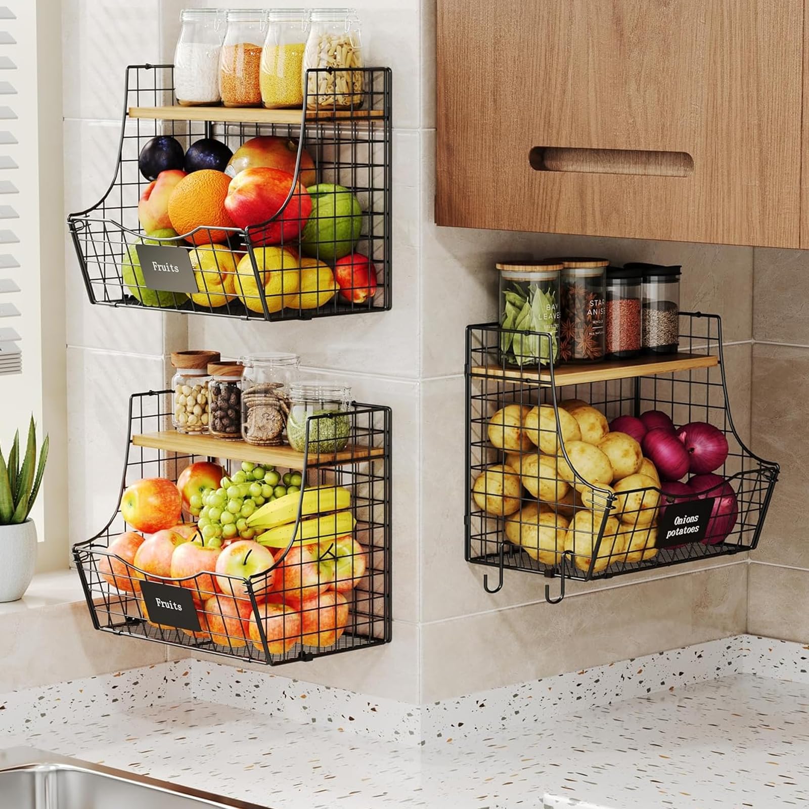 3 Pack Fruit Basket for Kitchen with Wood Lid - Counter&Wall Mounted Onion and Potato Storage with Nameplate, Stackable Storage Basket, Hanging Metal Wire Baskets Kitchen Countertop Organizer Pantry