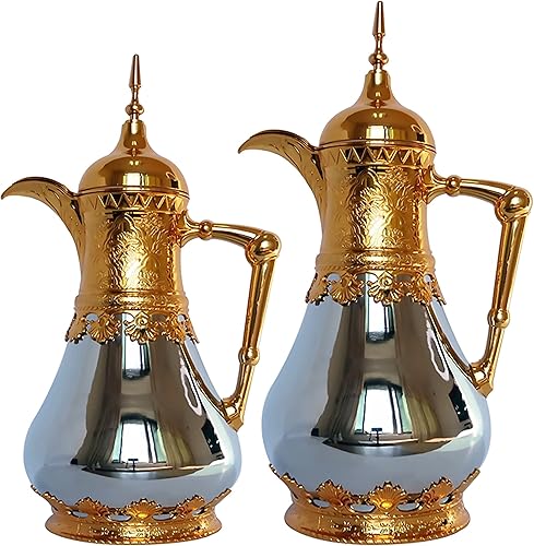 Turkish Coffee Thermos Moroccan Tea Thermos Thermal Flask Set of Two Vacuum Insulated Metal Acrylic Glass Dark Gray and Gold Color Assorted Designs