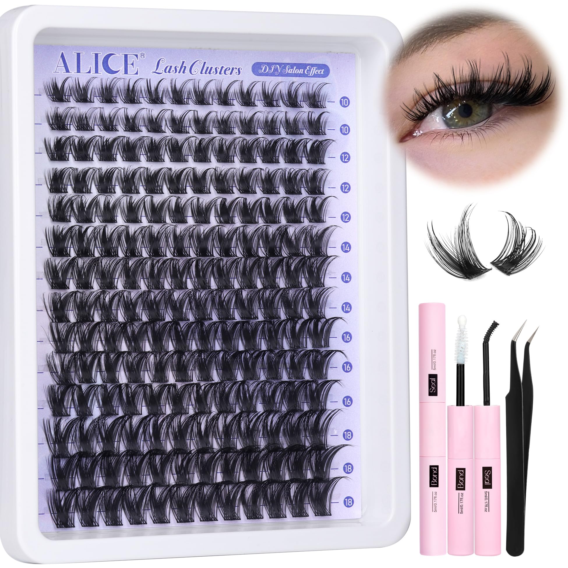 ALICE Kit de extensión de pestañas Wispy Cluster de 168 unidades, 0.394-0.709 in, kit de extensión de pestañas naturales de banda