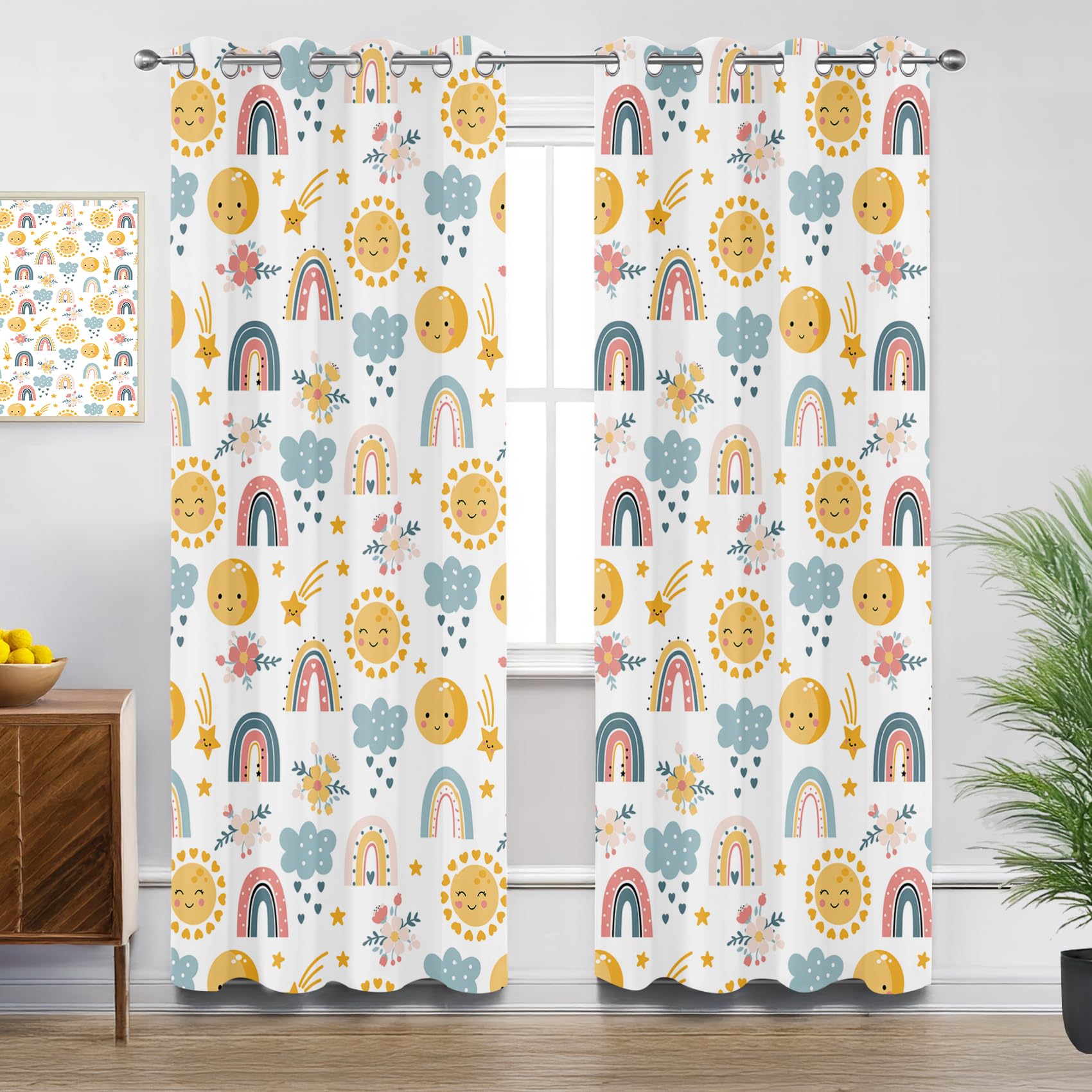Kids Curtains for Living Room, Colorful Cartoon Sun Rainbow Floral Nursery Blackout Curtains Thermal Insulated Extra Long Bedroom Curtain Eyelet, W90 X D108, 2 Panels Drapes Home Decorations