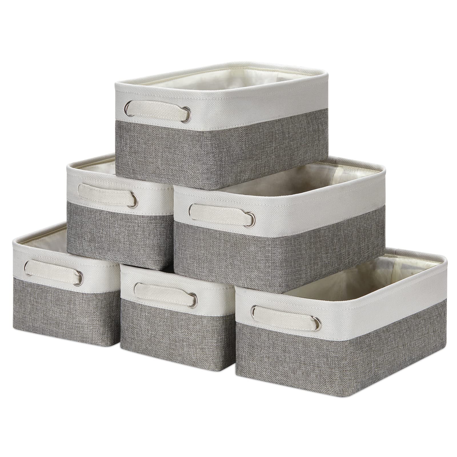 HNZIGE Small Organizer Bins for Shelf,Small Fabric Collapsible Baskets for Organizing Nursery Linen Canvas,Set of 6 Decorative Storage Basket for Storage Closet Toy(White&Gray, 11.8" x 7.8" x 5.1")