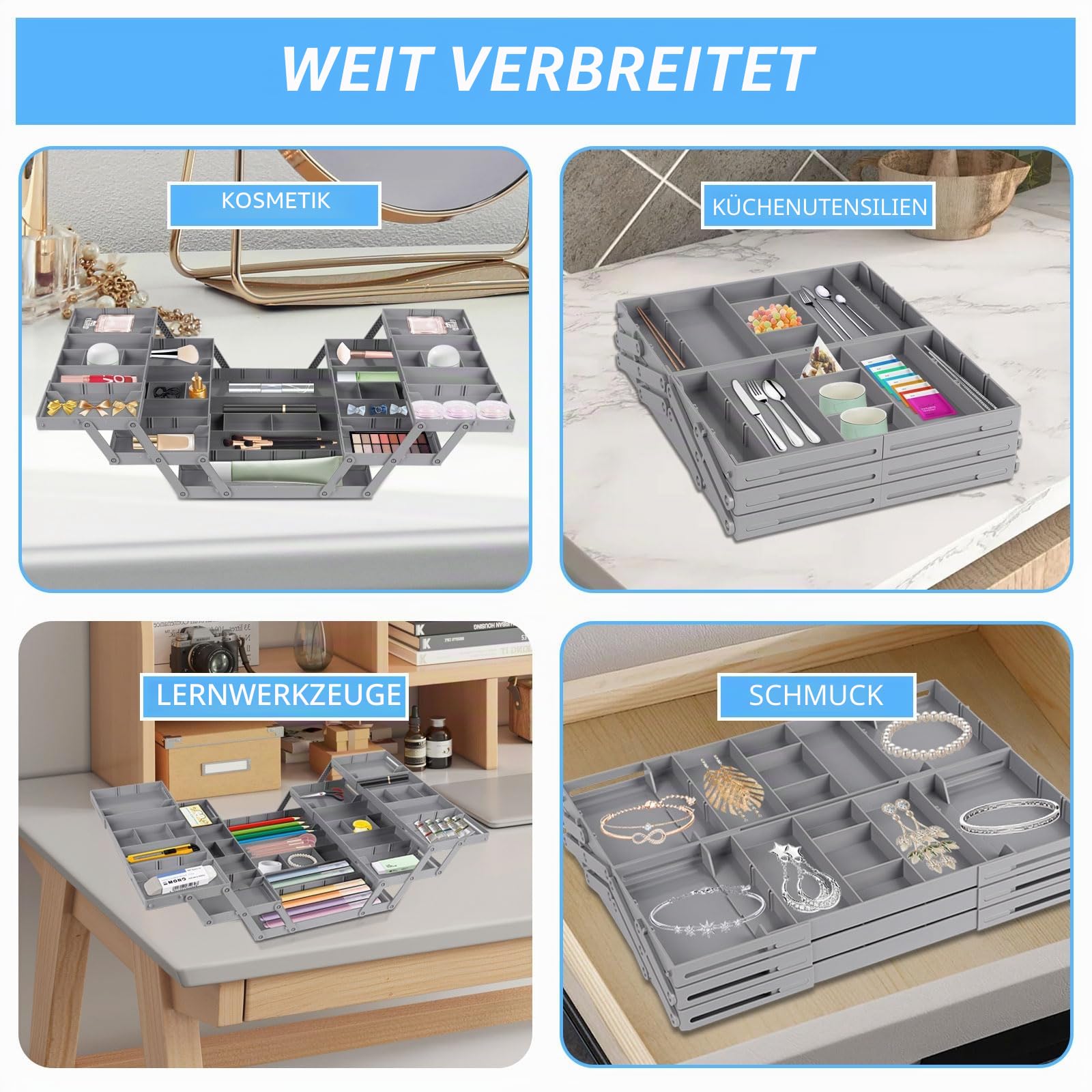 Schubladen Organizer System Verstellbar Faltbar, 3 Stufige Expandable Schubladen Organizer, Faltbare Desktop Organizer Box Werkzeug Aufbewahrung für Schreibtisch Schminktisch Büro Küche(Doppelreihig)