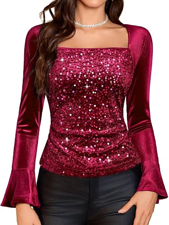 HomRain Womens Long Sleeve Sequin Velvet Tops Boat Neck Sparkly Party Blouse Evening Holiday Shiny Casual Shirts