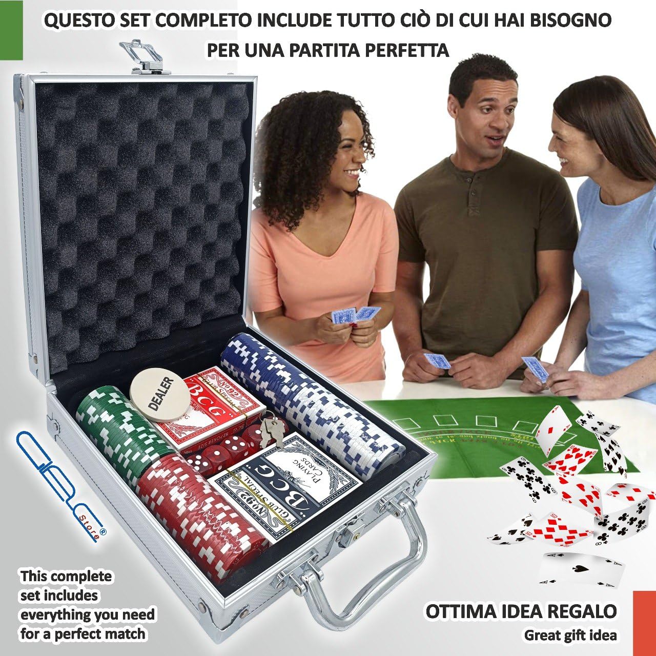 Valigetta da Poker Texas Hold’em Blackjack con 100, 200, 300 Chips Fiches, 2 Mazzi di Carte, 5 Dadi e Dealer - Colore Argento (100)
