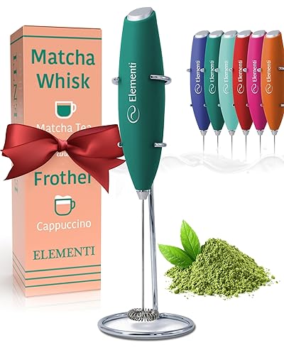 Elementi Matcha Whisk & Frother Set - Powerful Electric Matcha Mixer for Powder, Easy to Use Electric Whisk Kit - Craft Effortless Lattes with the Elementi Milk Frother Wand & Wisk (Emerald Green) - Handheld Milk Frother - Emerald Green
