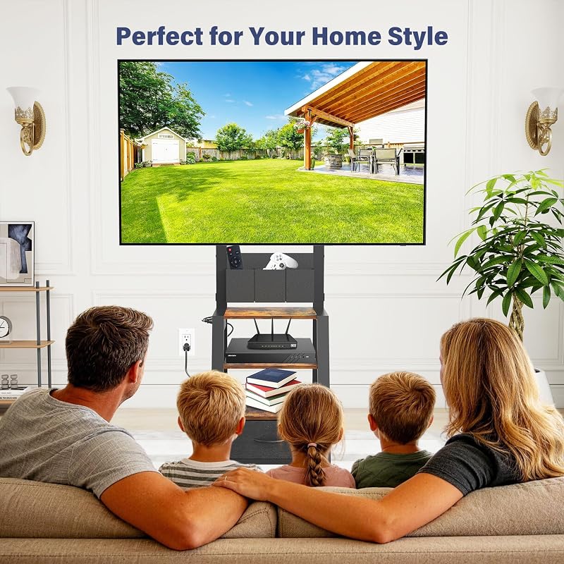 Rolling TV Stand with Power Outlet & 4-Tier Storage for 23-60 Inch Flat/Curved Screen up to 160lbs LCD/LED/OLED Adjustable Height Mobile TV Cart with Wheels for Home Office Outdoor Max VESA 400x400mm image 3