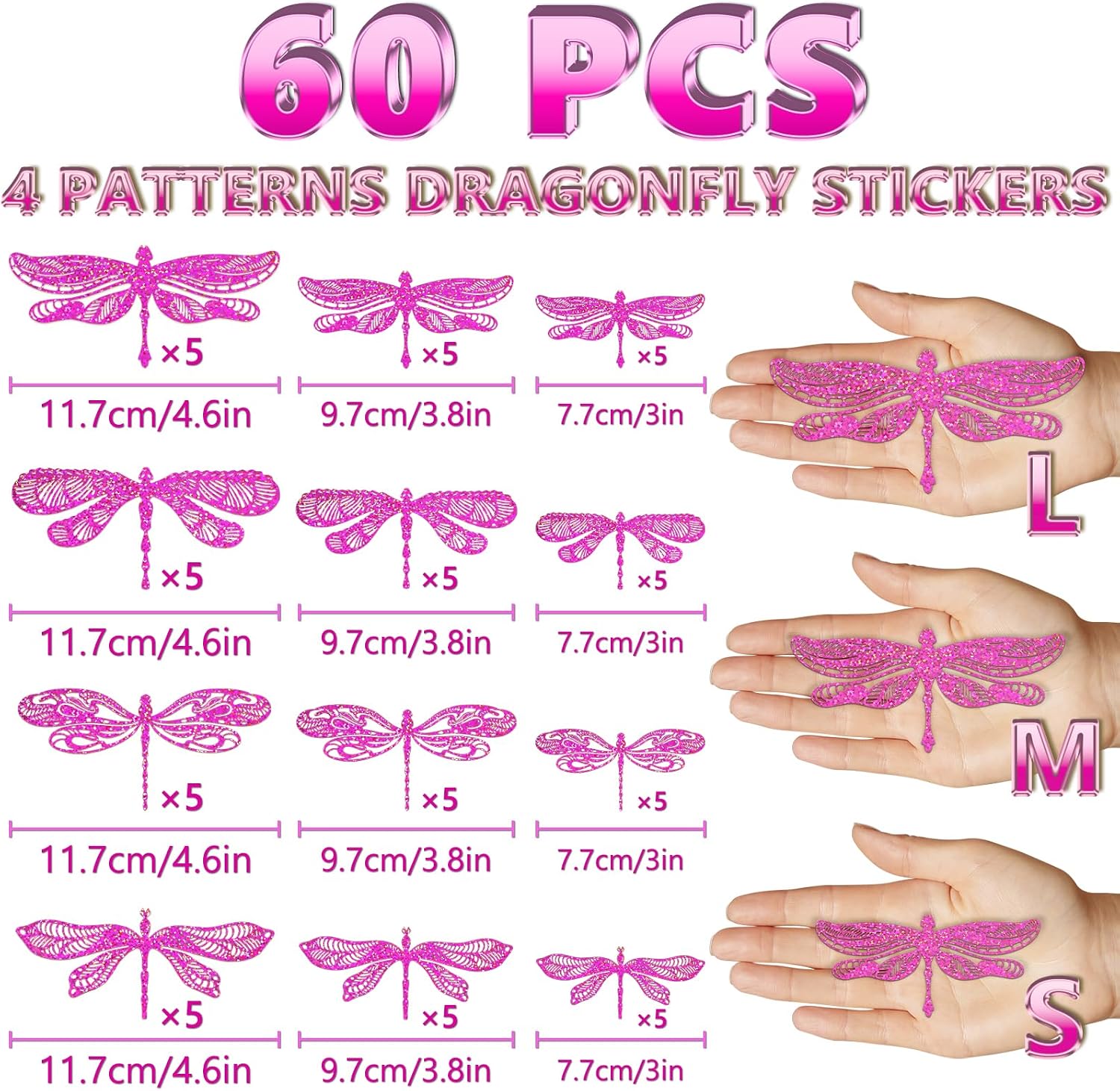 60 Pcs 3D Iridescent Dragonfly Decorations, Rose Red