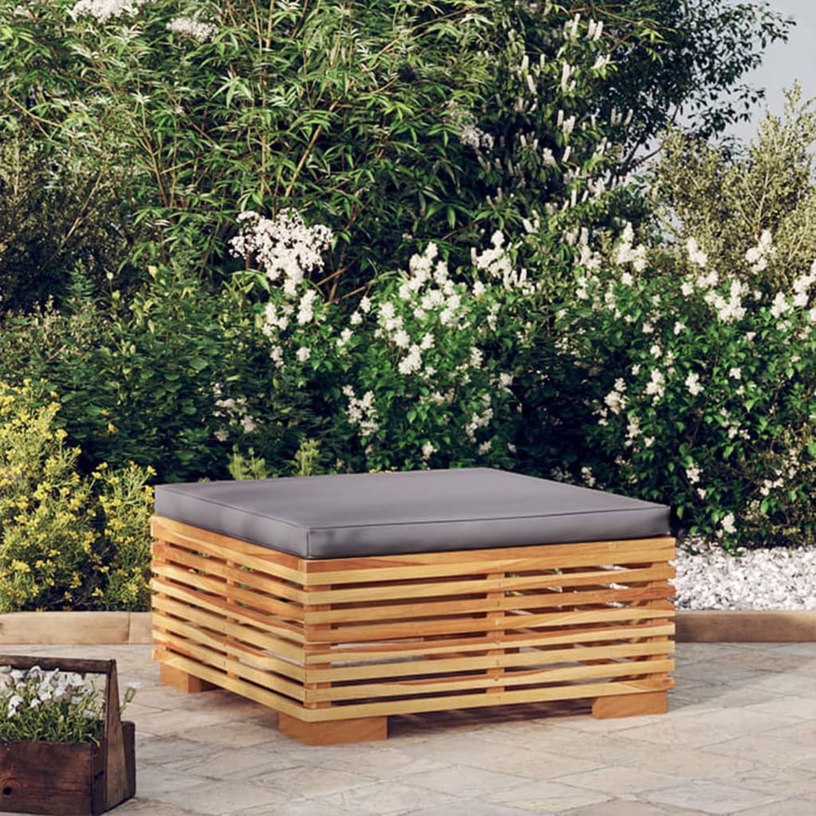 Sgabello da giardino con cuscino grigio scuro, in legno massiccio teak, set di mobili da giardino, set di mobili da giardino, set di intrattenimento, salottino, balcone, divano, lounge adatto