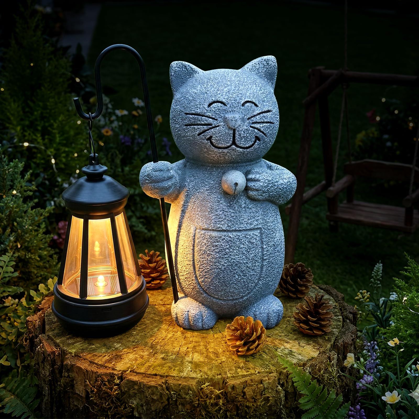 Figurina di Gatto per Esterni con Lanterna Solare, Impermeabile Figura Solare da Giardino per Decorazione Esterna, Balcone, Terrazzo, Regalo per Donne, Uomini, Mamma, Compleanno