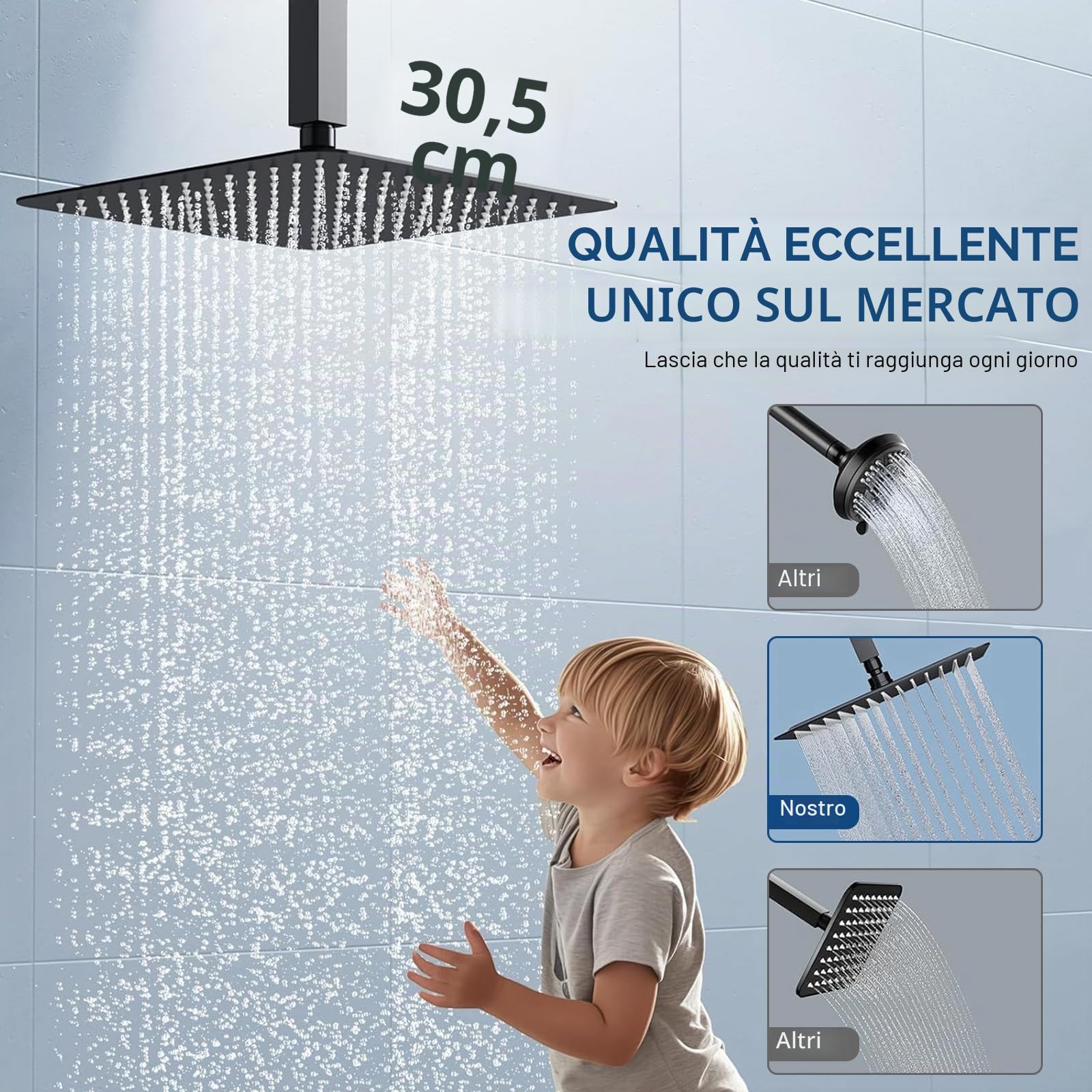Soffione doccia a pioggia 12 pollici quadrato acciaio inox 304 30x30 cm finitura cromata spazzolata