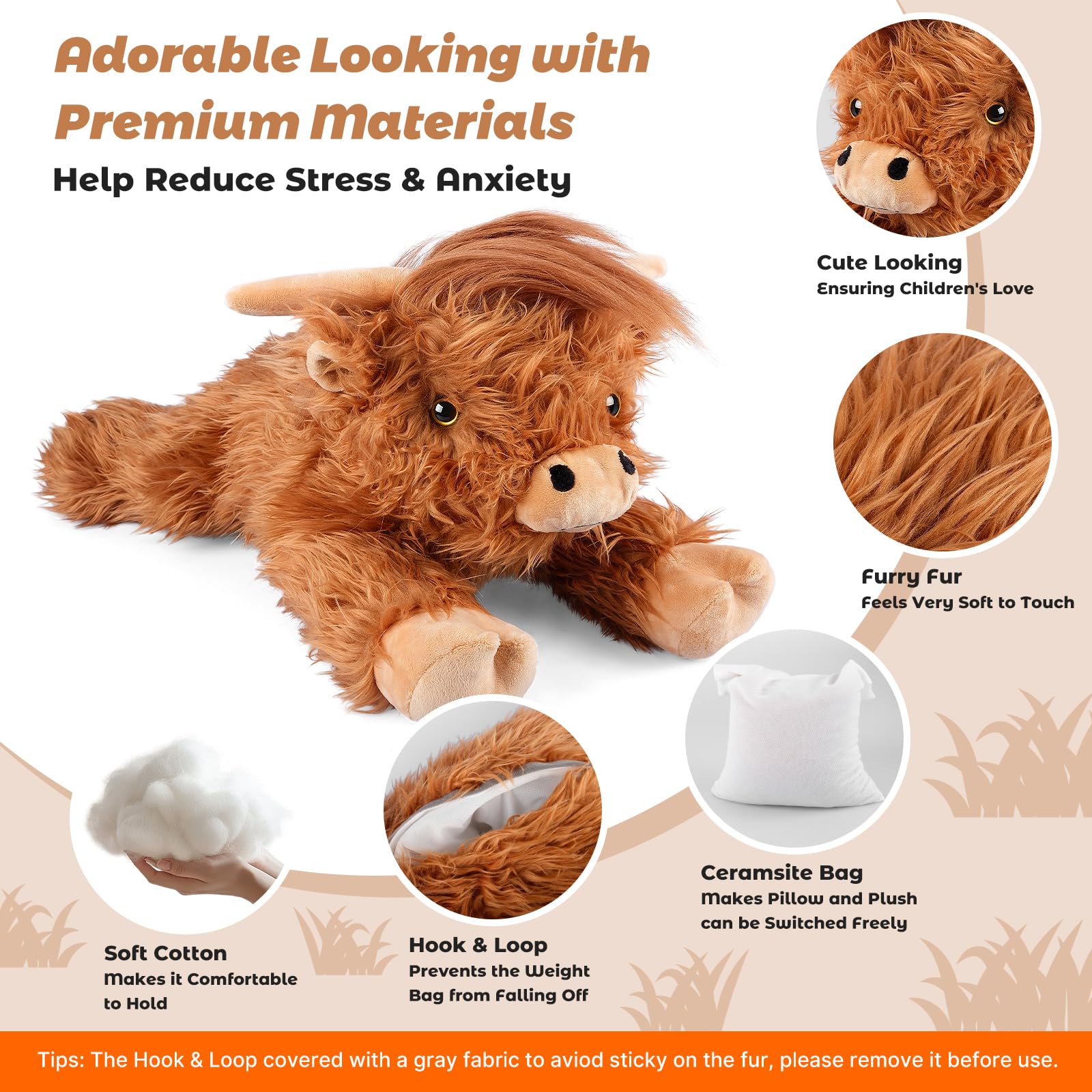 Bobbie & Laxi 22" & 4.5 lbs Highland Cow Weighted Stuffed Animal for Anxiety Cuddly & Soft Kids' Plush Toy Pillows for Companion Large Plushies with Removable Ceramsite Bag - Image 2