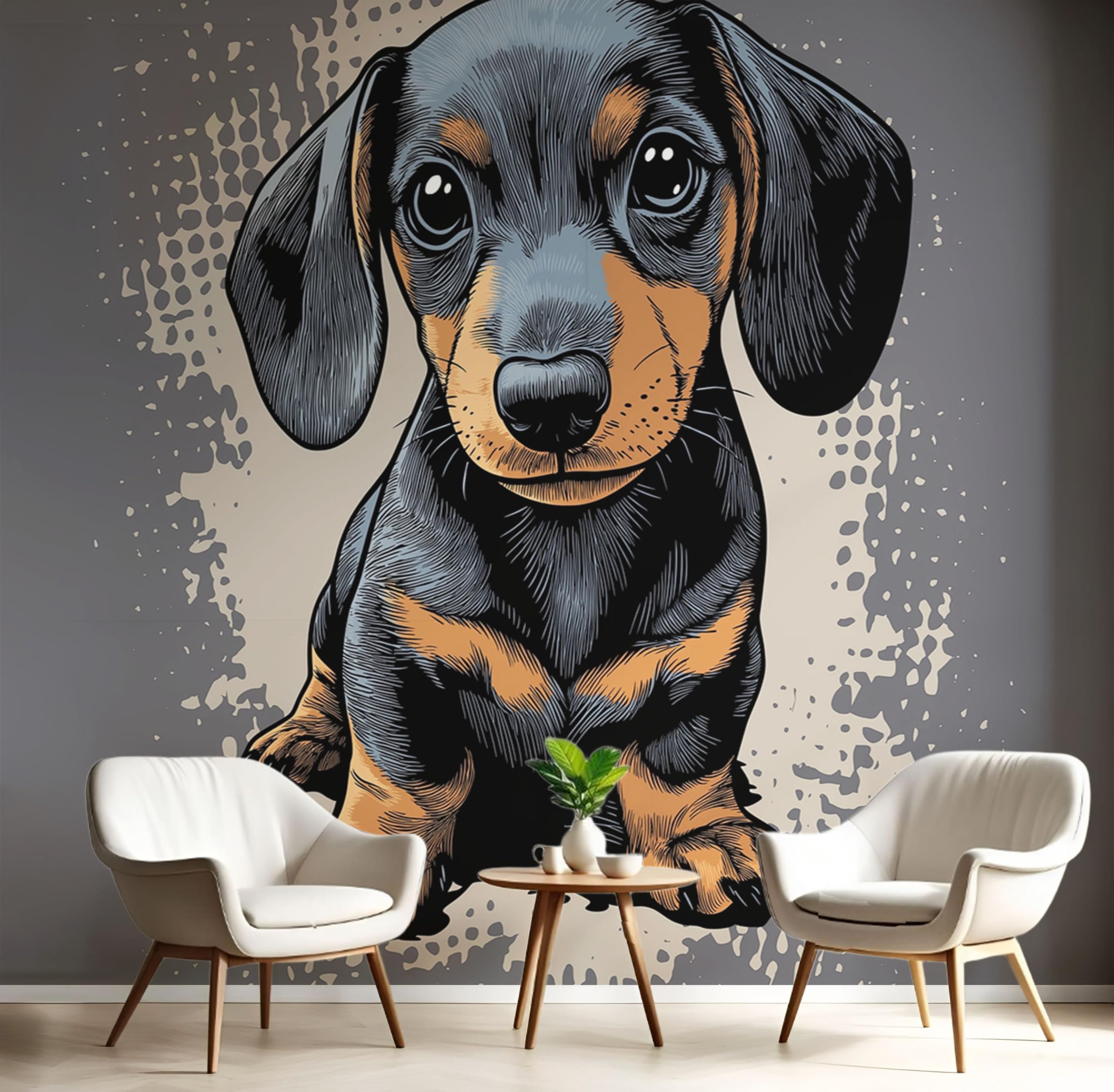Chien noir de dessin animé en papier peint panoramique pour chambre enfant