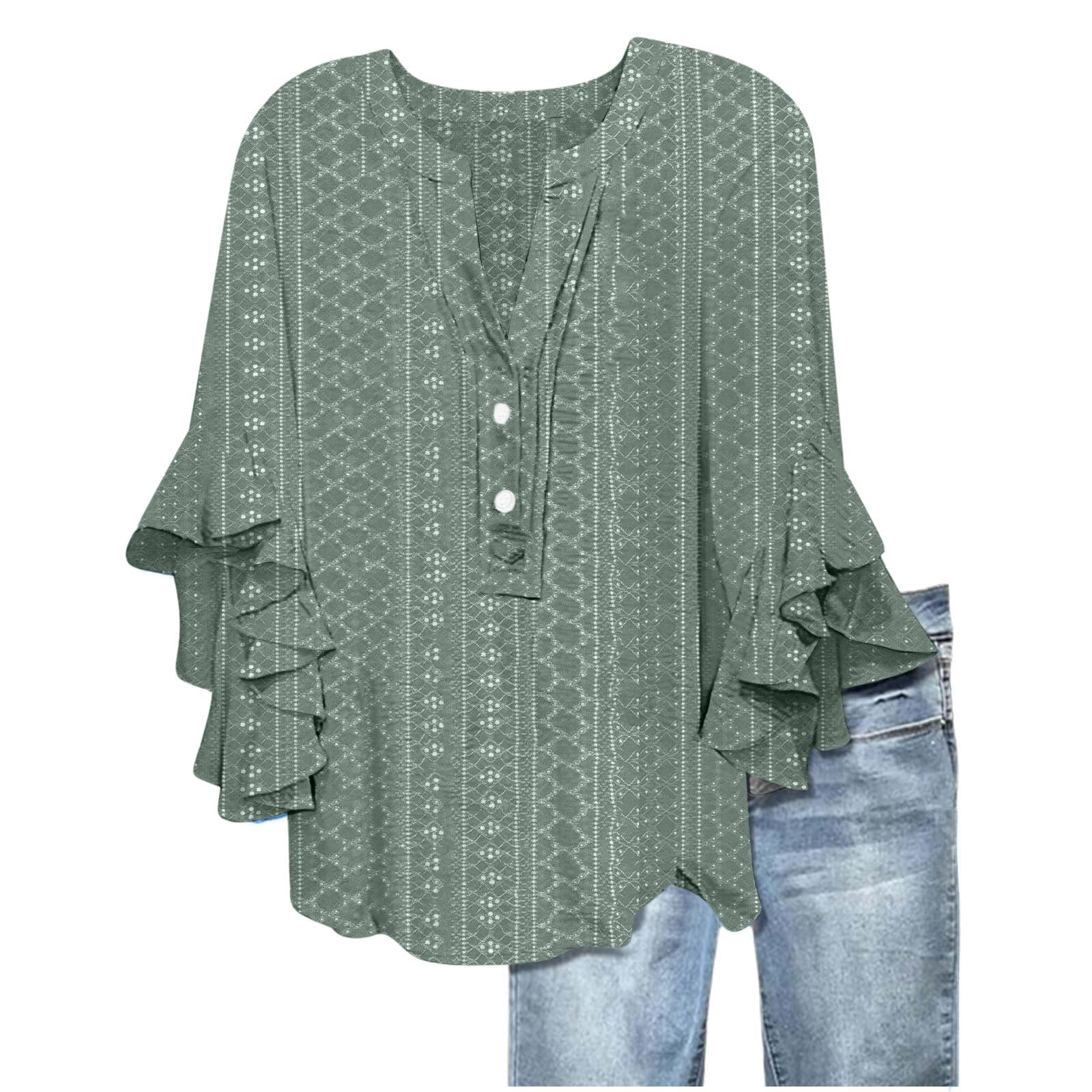 Women's Eyelet Tops V-Neck Ruffle 3/4 Sleeve Blouse Casual Loose Button Up Henley Shirts Boho Flowy Beach Clothes — view 24