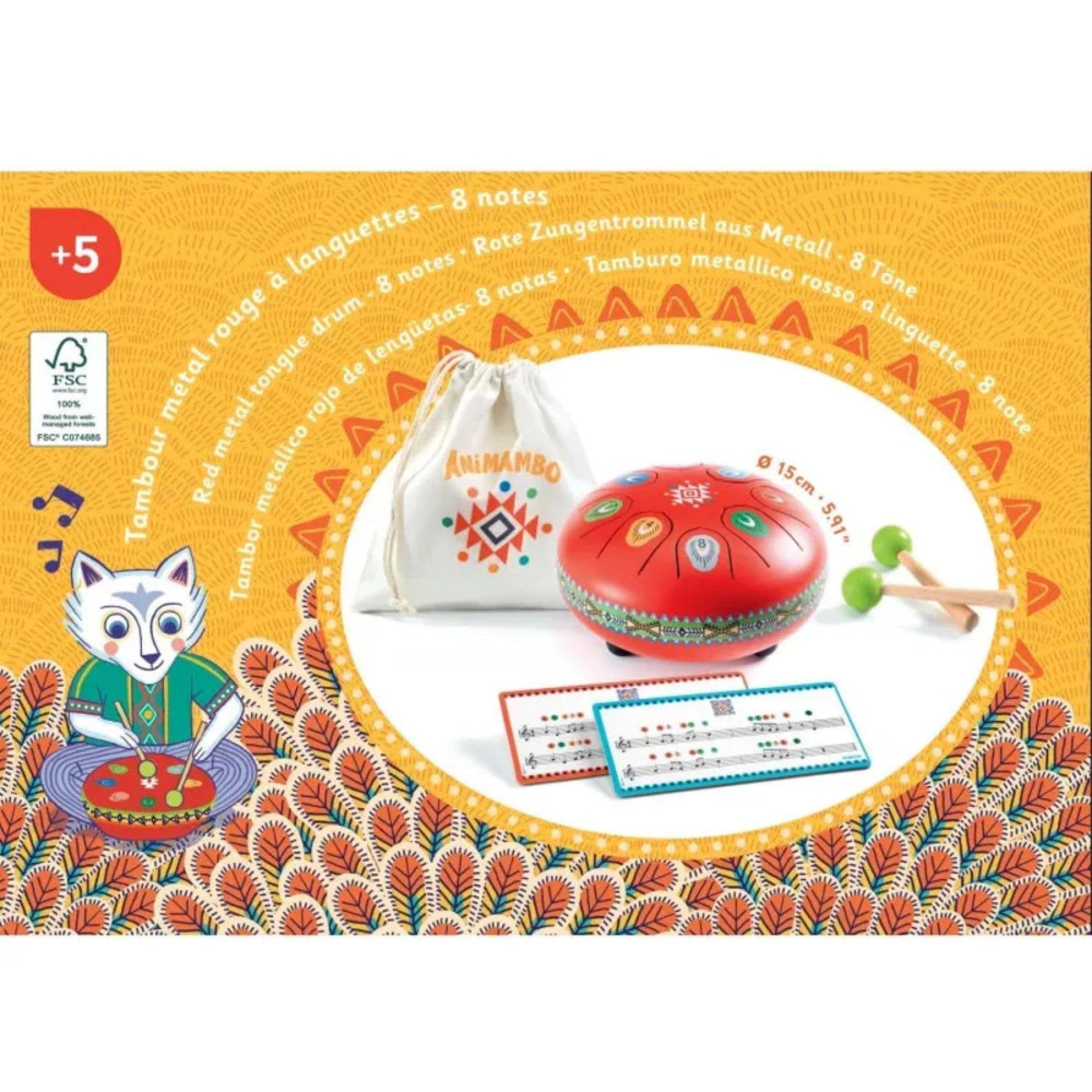 Djeco Musikinstrument Spielzeug - Animambo Zungentrommel rot 8 Töne FSC.