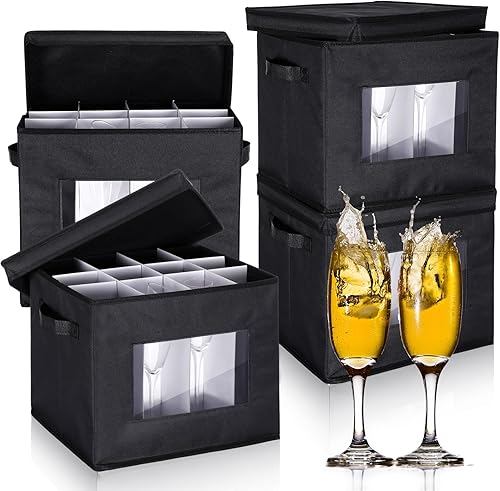 Uiifan 4 cajas de almacenamiento de copas de vino con divisores, 12 compartimentos, cajas de almacenamiento de vasos de China, caja de