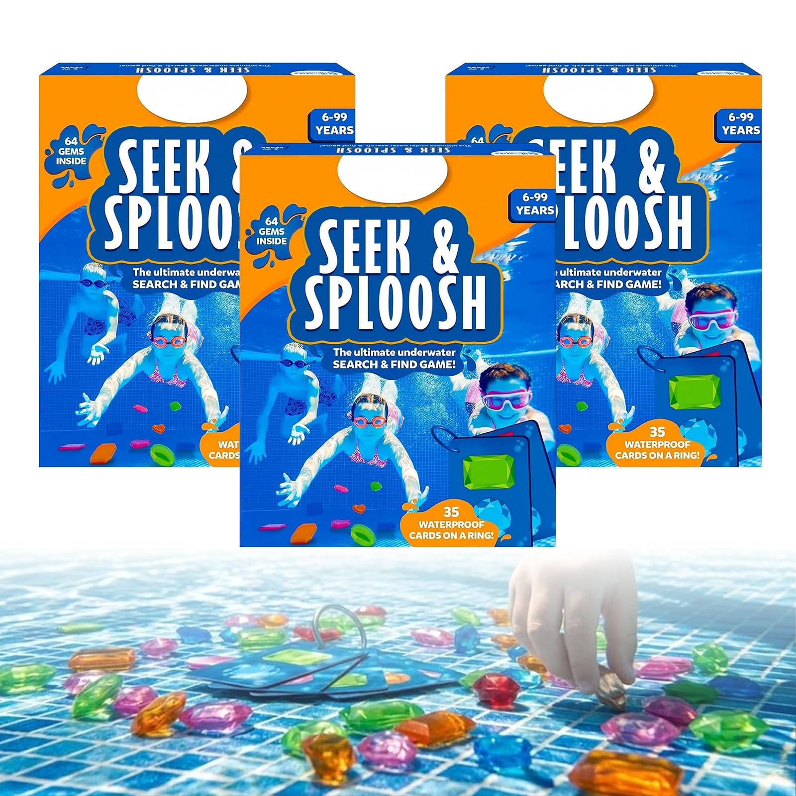 Sommer Wasserspielzeug, Pool Spielzeug für Kinder, Unterwasser Suchspiel mit 64 Edelsteinen & 35 Wasserdichten Karten, Tauchspielzeugfür Kinder, Poolspielzeug Set，3