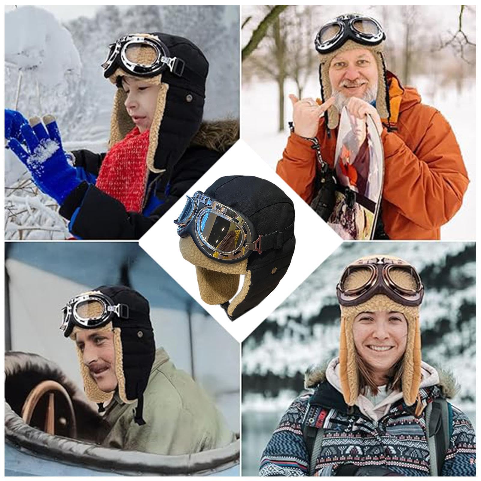 Casque Aviateur Style Rétro Et Lunettes - Casque Épais Chaud Coupe-Vent Avec Protection Des Oreilles Pour L'Hiver | Casques Aviateur Unisexe Pour Cyclisme, Ski, Alpinisme Et Sports De Plein Air | Incl