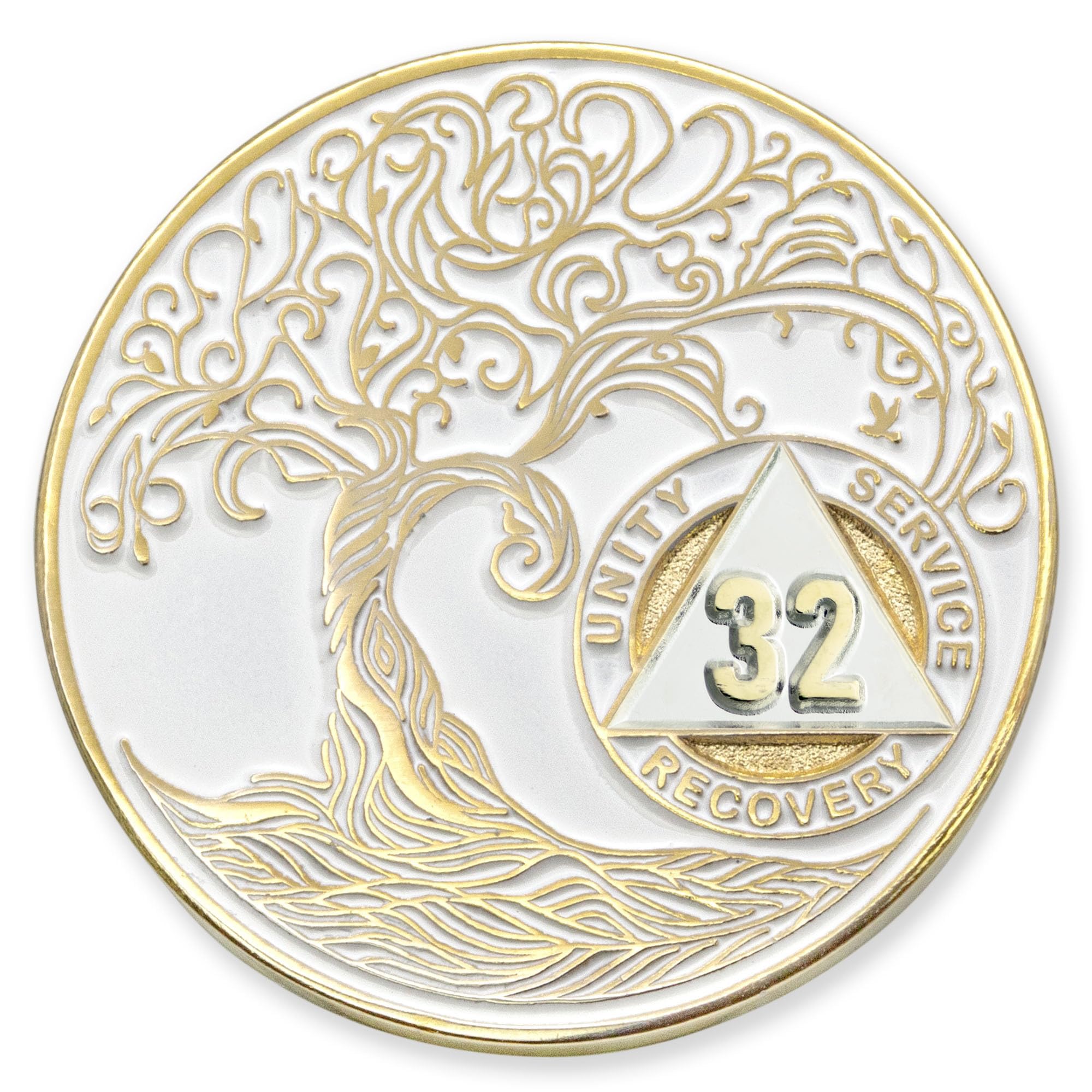 1 to 50 Year Twisted Tree of Life Sobriety Coin - Gold Plated AA Chips &amp; Medallions - 32 Year Sobriety Coin - White