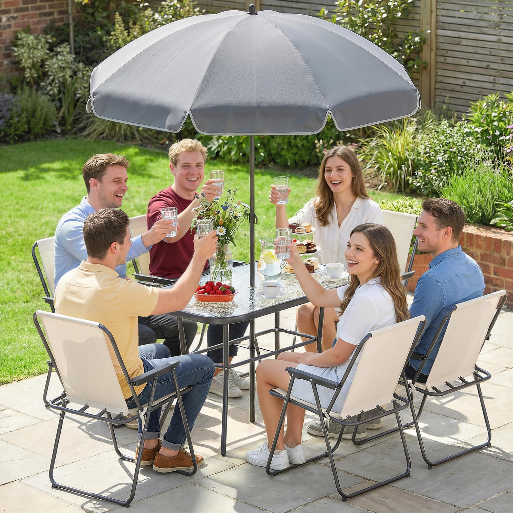 Outsunny Conjunto de Mesa y Sillas Jardín de 8 Piezas, Muebles de Jardín Exterior con Sombrilla, 6 Sillas Plegables, Mesa de Vidrio Templado, para Terraza, Patio, Crema — view 9