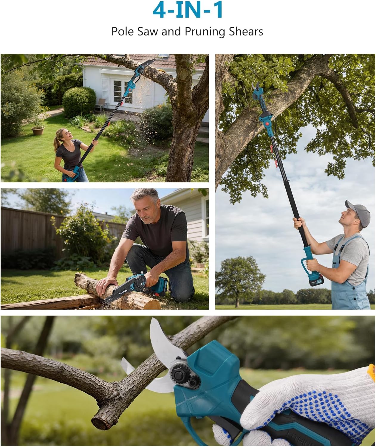 4-in-1 Electric Pole Saw and Cordless Pruning Shears, 8 Inch Brushless Pole Saws for Tree Trimming with 2 Batteries, 16ft Max Reach, Battery Powered Pole Saw Pole Pruner for Gardening