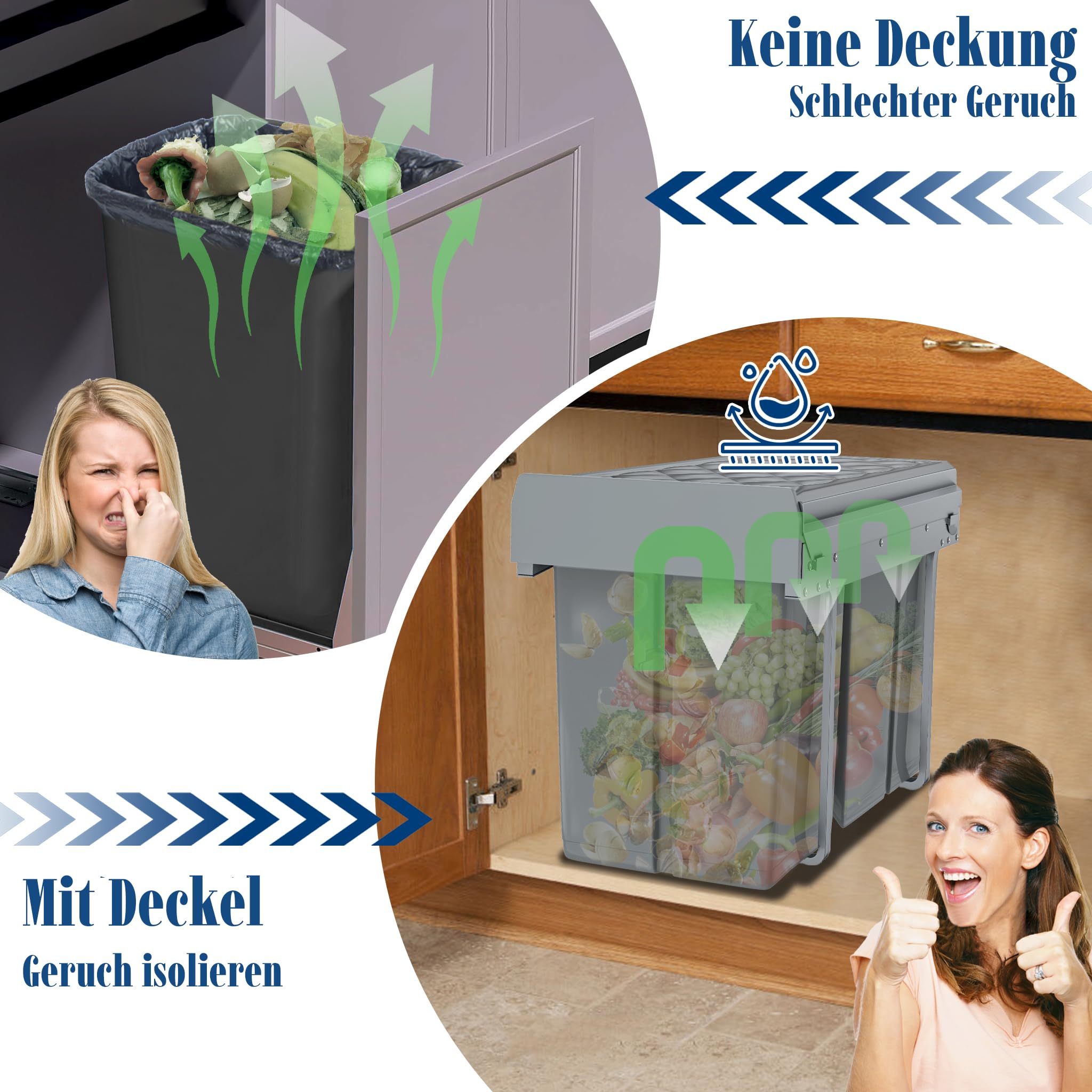 FIVMEN Einbaumülleimer Küche 3 Fächer Ausziehbar Mülleimer Abfalleimer Küche Unterschrank mit Teleskopschienen Küchenmülleimer Einbau Mülltrennsystem Grau, 1x20L+2x10L