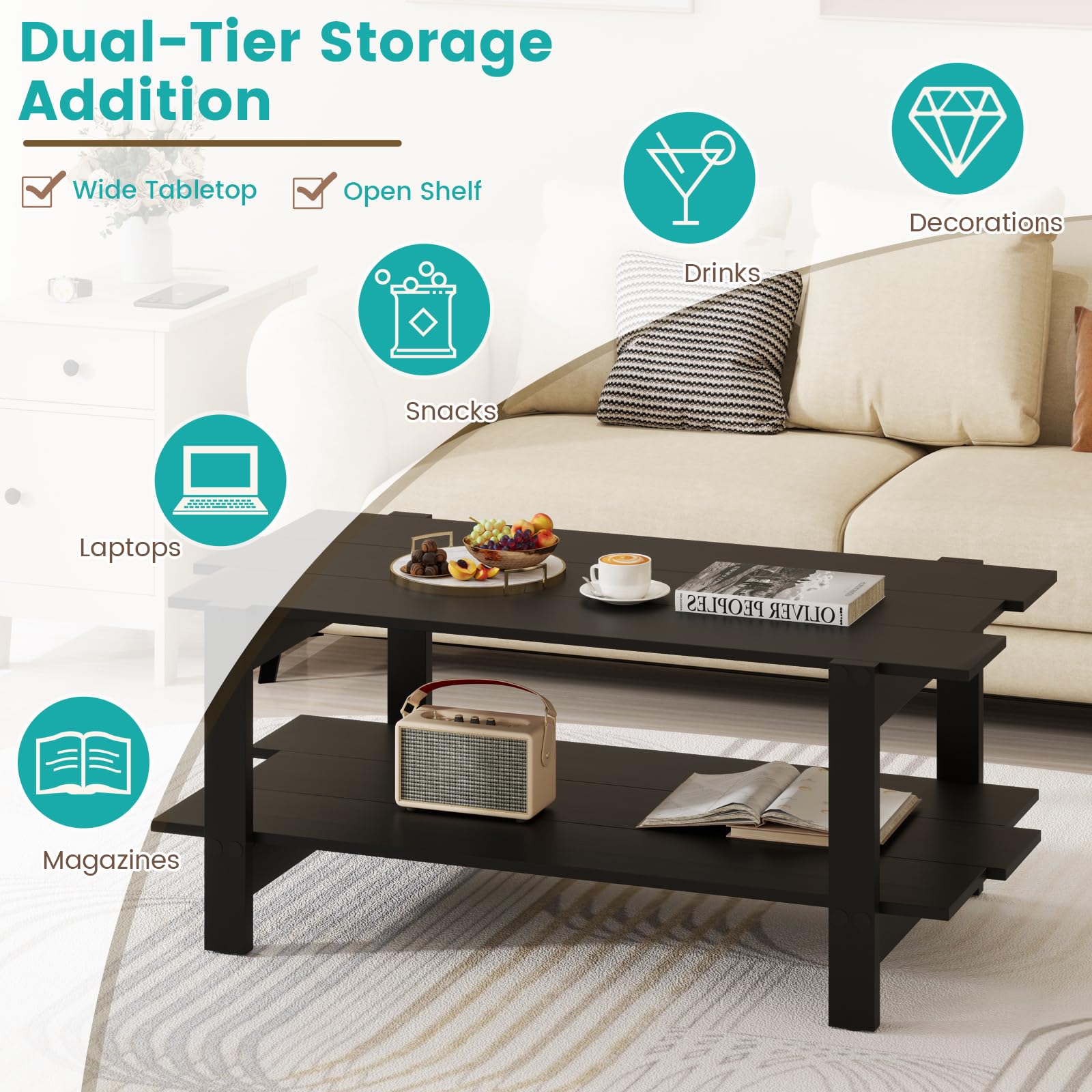 LIFEZEAL Mesa de Centro de 2 Niveles, Mesa de café con almacenaje, Mueble de salón Rectangular, Estilo Industrial, 115x59x46 CM (Negro)