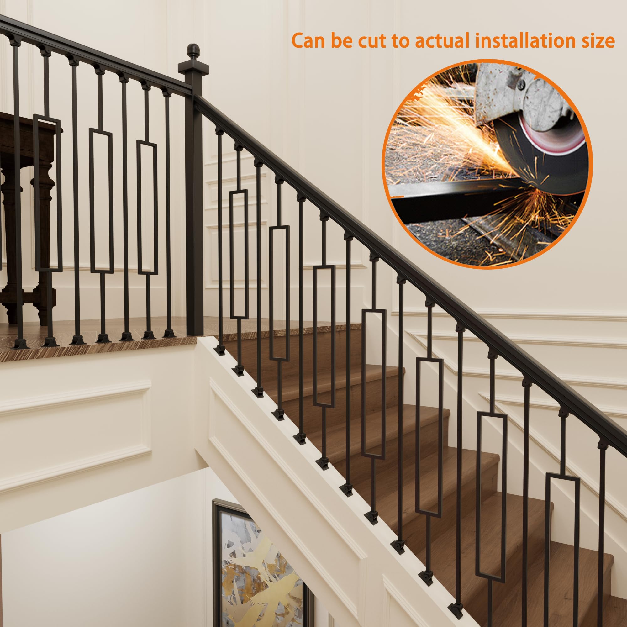 SIMESOVE 20 Pack Wrought Iron Balusters, 1/2 x 44 Hollow Rectangular Metal Staircase with 40 Swivel Shoes, Indoor or Outdoor Stairs, Deck and Terrace Railings, Matte Black