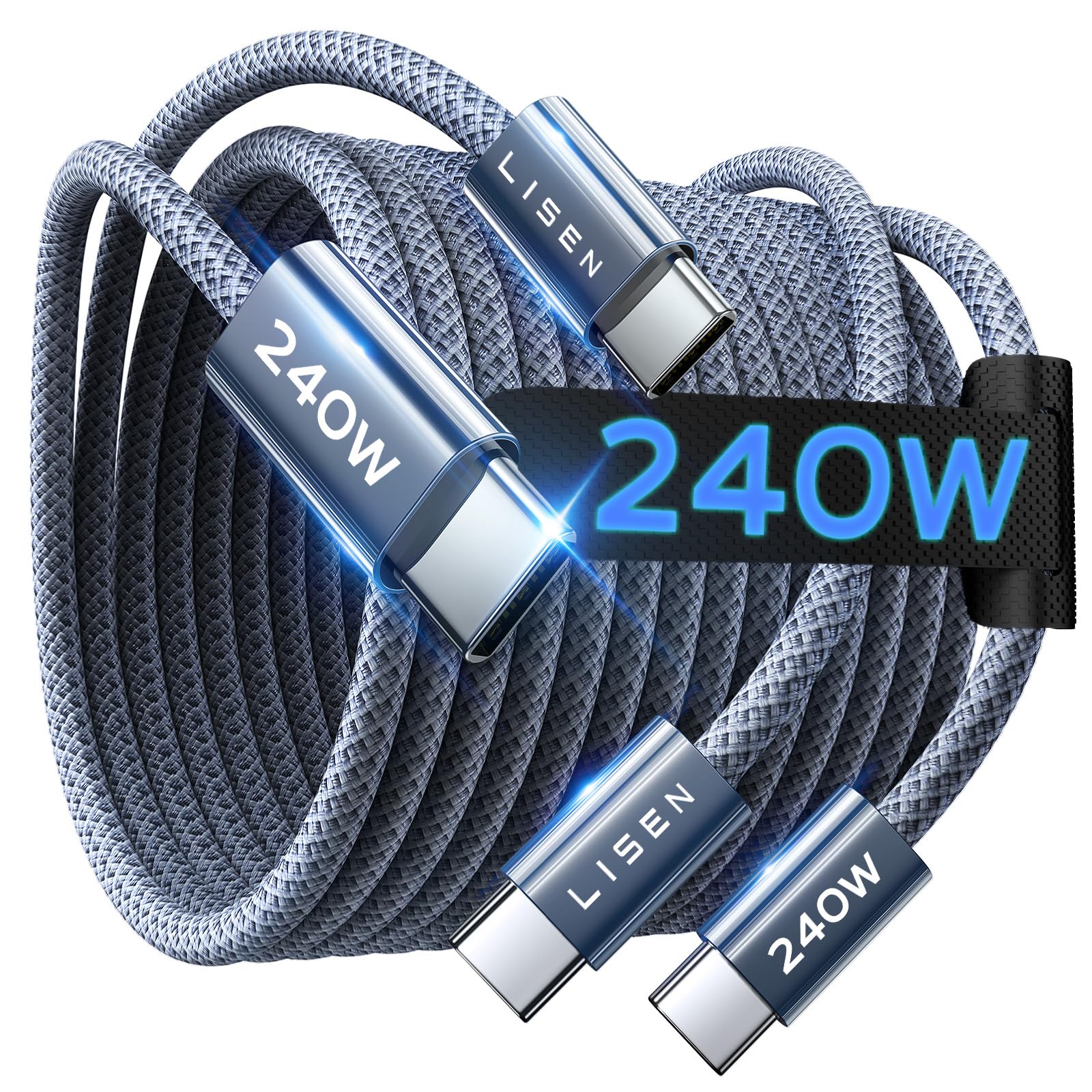 LISEN USB C to USB C Cable 240W, [6.6ft 2Pack] Nylon Braided Type C Cable Fast Charge USBC to USBC High Speed Fast Charging Cord for iPhone 17 16 15 Pro Max Air Samsung MacBook iPad Air 4/5, Midnight