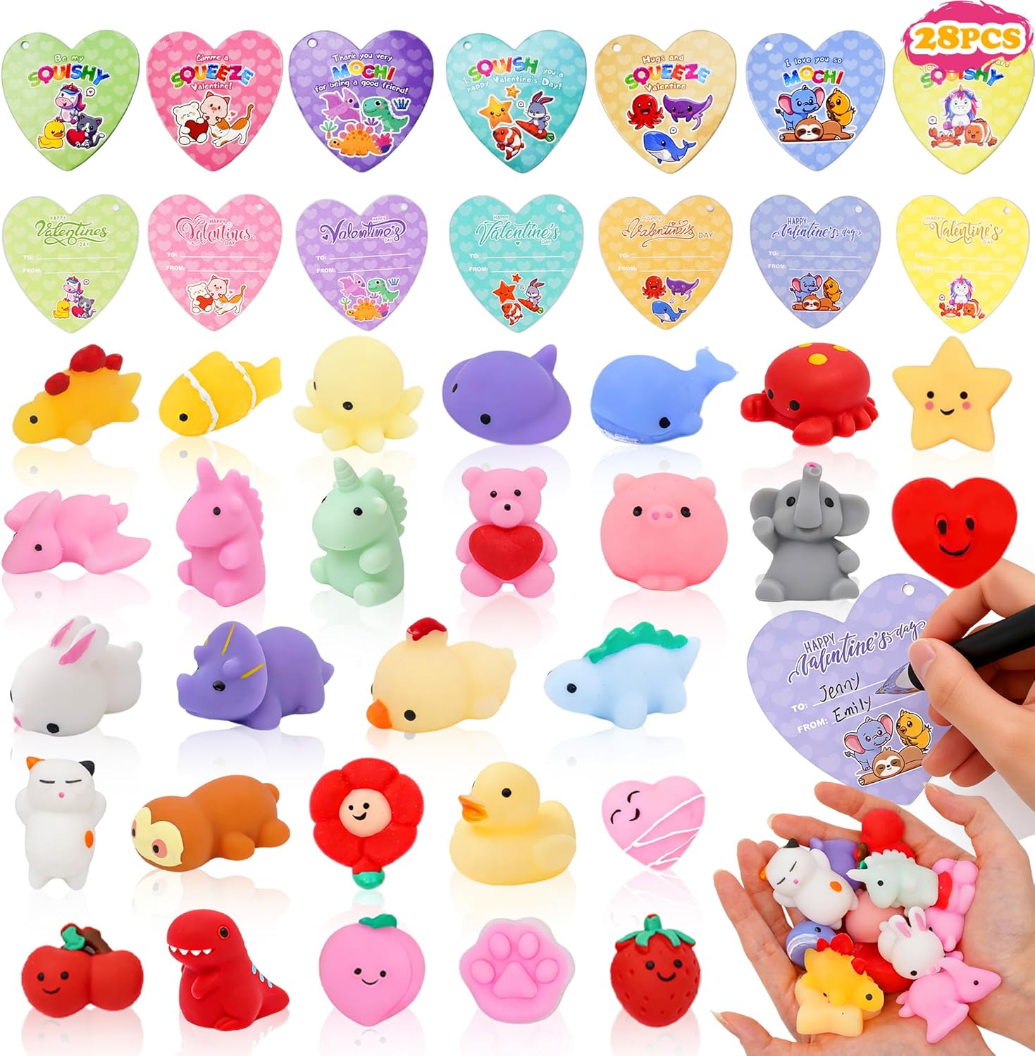 28 Pack Valentine’s Day Cards with Mochi Squishy Fidget Toys for Kids, Cute Kawaii Squishis Stress Relief Fidget Toy for Valentine Party Favors, School Classromm Exchage (Mochi Squishy Animal Mix)