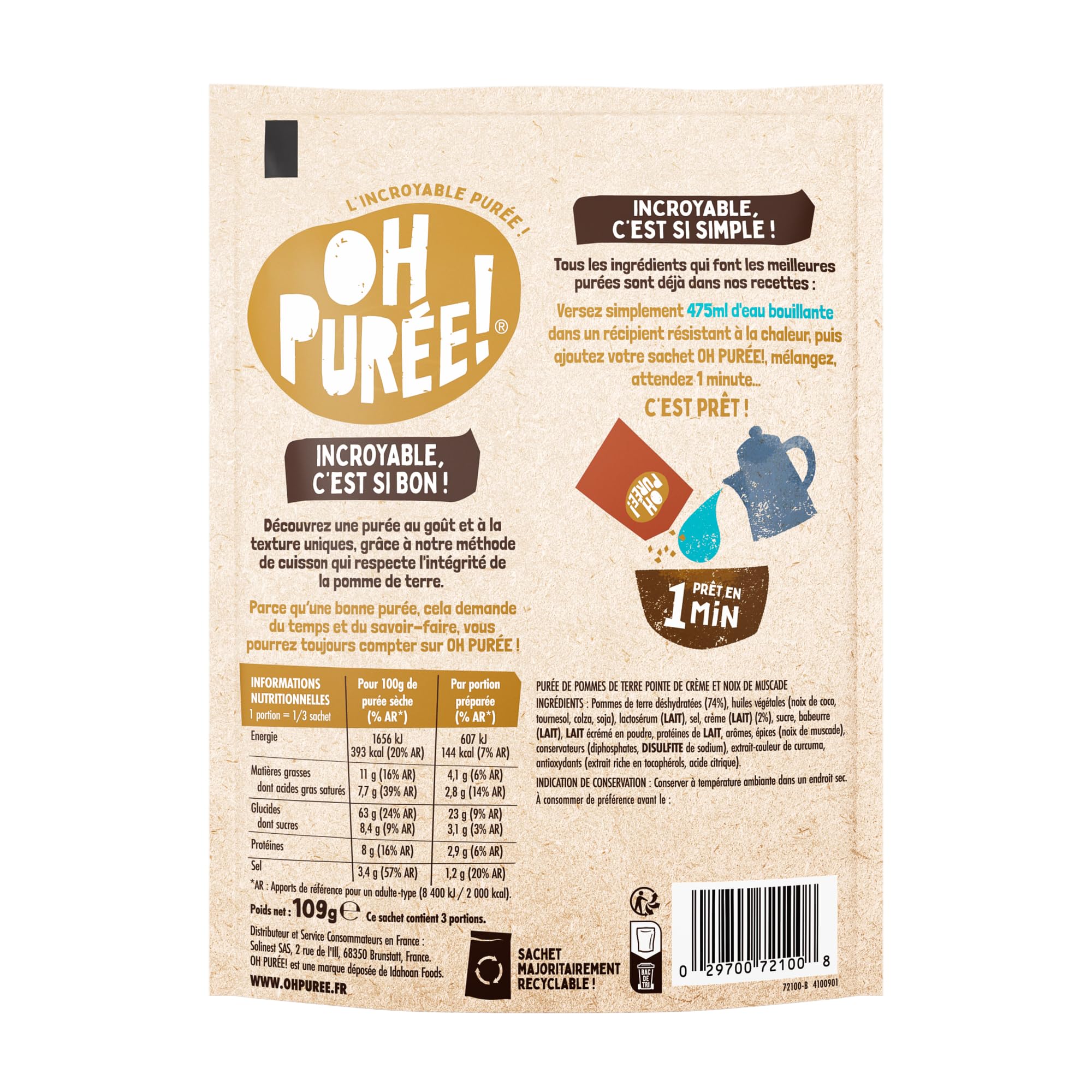OH PUREE! Carton de 12 sachets de 109g de purée saveur noix de Muscade-Une purée prête en seulement une minute, en ajoutant juste de l'eau