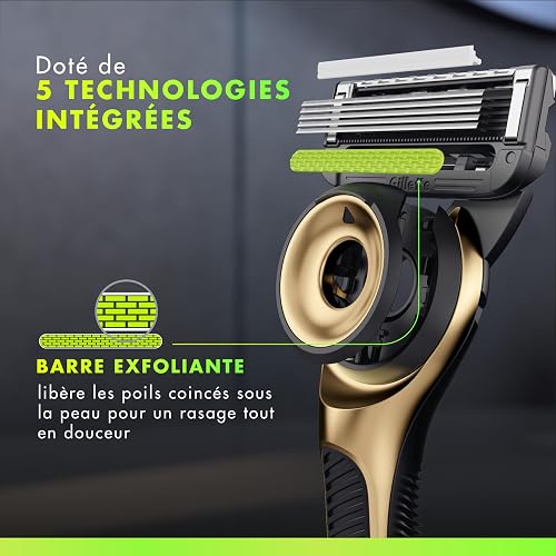 Gillette Labs Rasoir Home, Edition Limitée, avec 5 Recharges, Or – Manche Réutilisable en Métal, Cartouche de Rechange à Lames Affutées, Rasage Efficace avec la Technologie FlexDisc 2D - 3