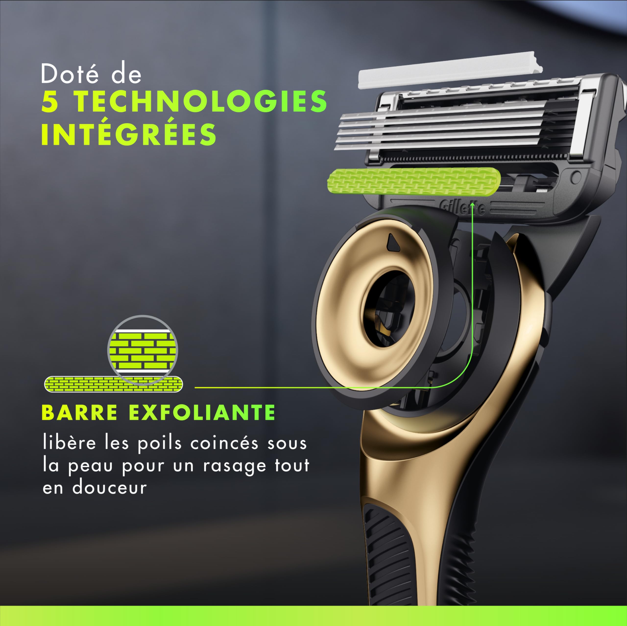 Gillette Labs Rasoir Home, Edition Limitée, avec 5 Recharges, Or – Manche Réutilisable en Métal, Cartouche de Rechange à Lames Affutées, Rasage Efficace avec la Technologie FlexDisc 2D