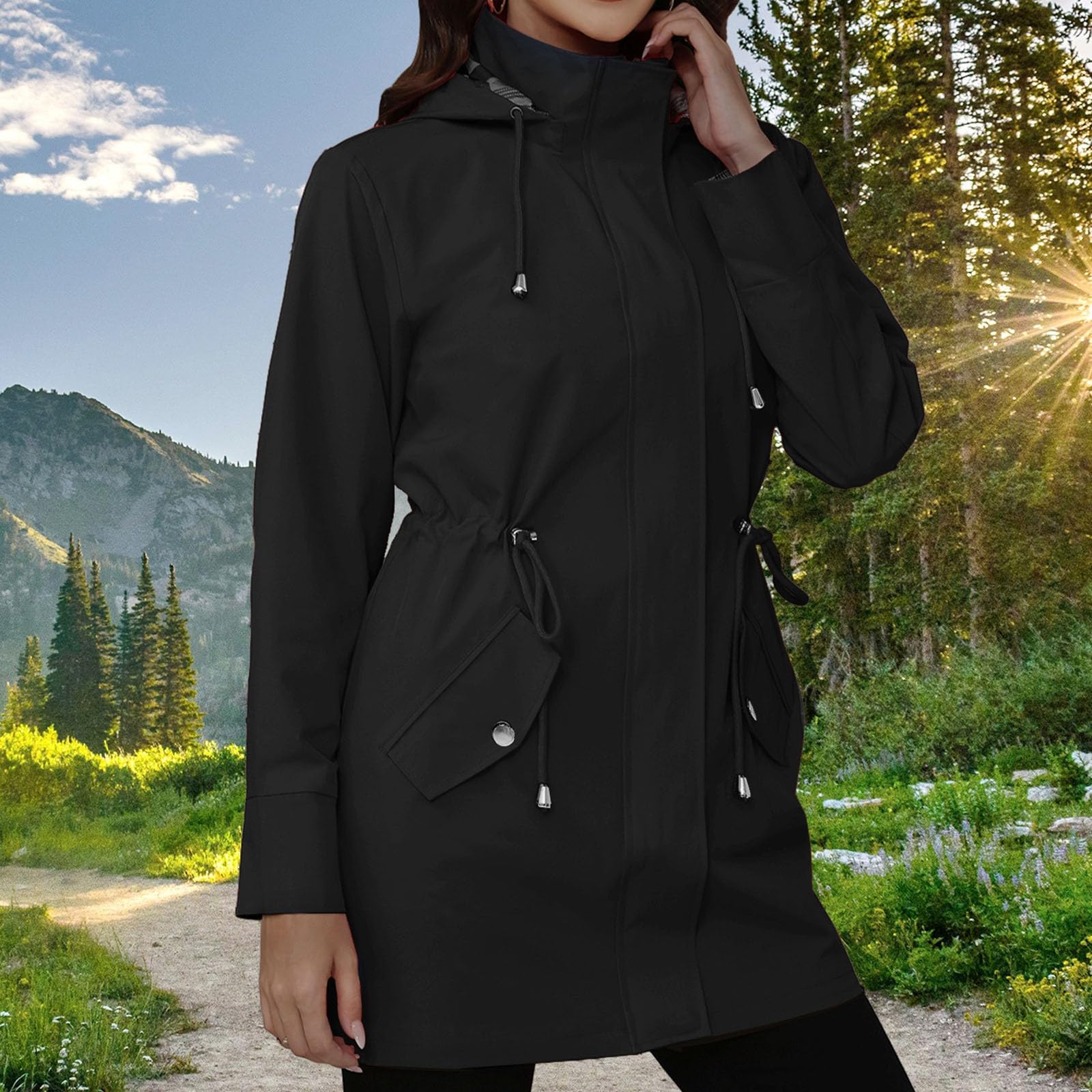 Generisch Chubasquero largo para mujer, impermeable, chaqueta funcional ligera, transpirable, chaqueta cortavientos, chaqueta de verano, chaqueta con capucha, con bolsillos, chaqueta para exteriores