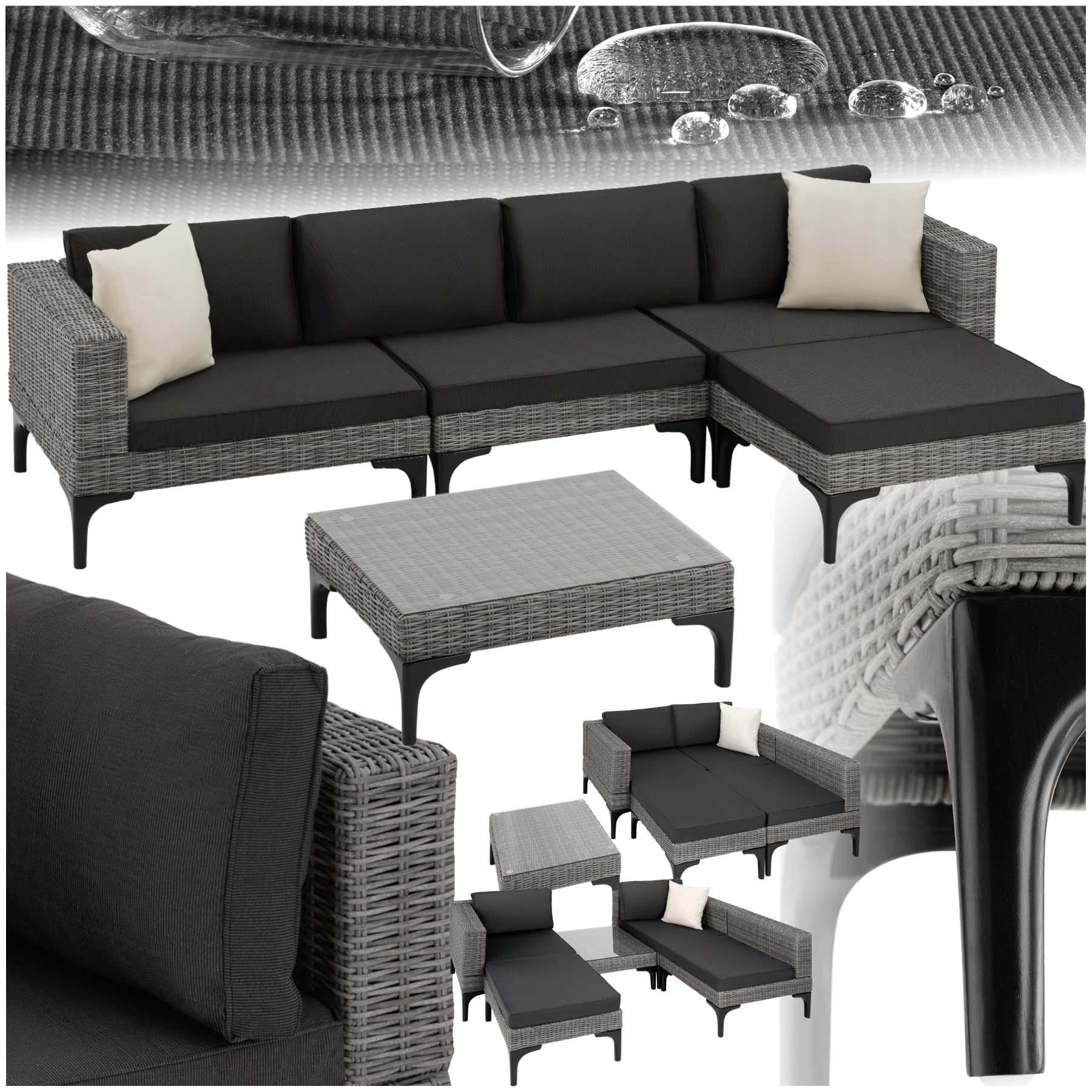 TecTake® Conjunto Jardín en Ratán y Aluminio, Cojines 8 cm, Conjunto Terraza Resistente a la Intemperie, Muebles Jardín Exterior 1 Sillón, 1 Taburete, 1 Mesa con Cristal, Fundas Extraíbles - Gris