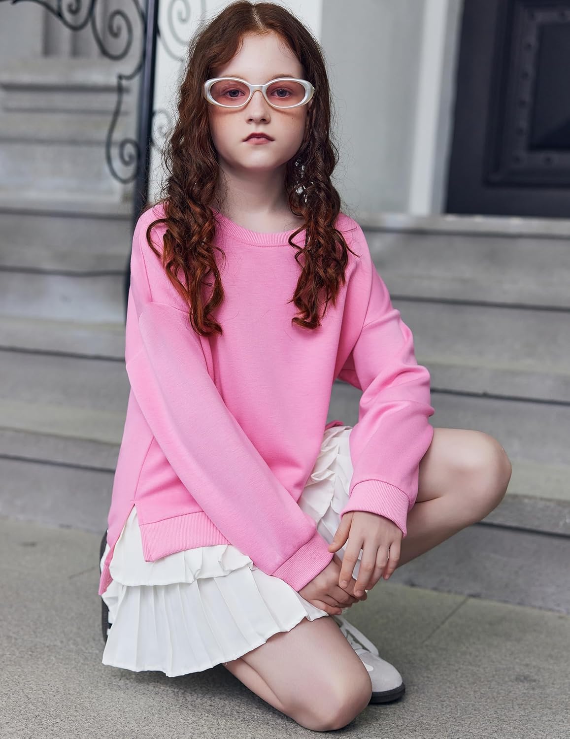 Arshiner Girls Crewneck Sweatshirt Long Sleeve Pullover Tops Drop Shoulder Sweatshirts Side Split for 5-14 Years - Image 2