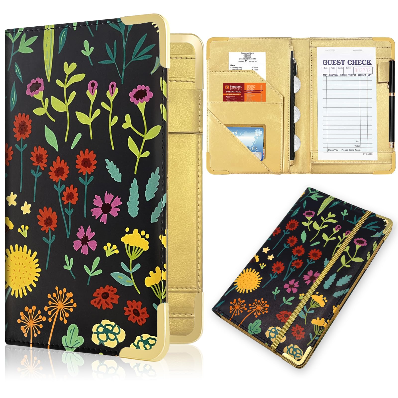 Server Book, Painted Server Books for Waitress, Durable Leather Waitess Book with Zipper Pocket,Server Manual Checkbook Fits Server Apron