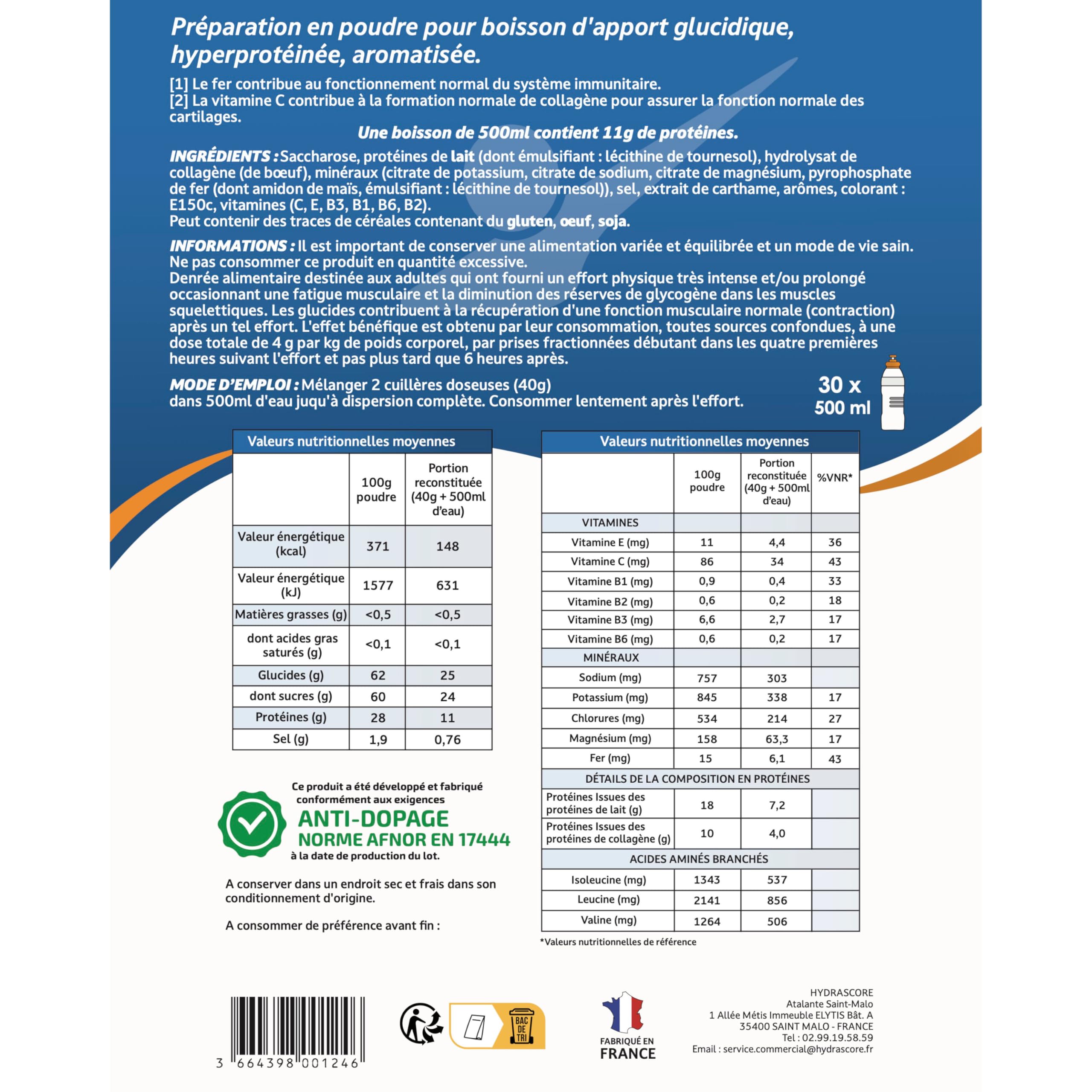 Hydrascore - Boisson de Récupération Fruits Exotiques 1200 g - Boisson Hyperprotéinée Après l’Effort – Récupération Muscles, Articulation Courbatures - Protéines & BCAA - Running, Trail, Vélo - H1047