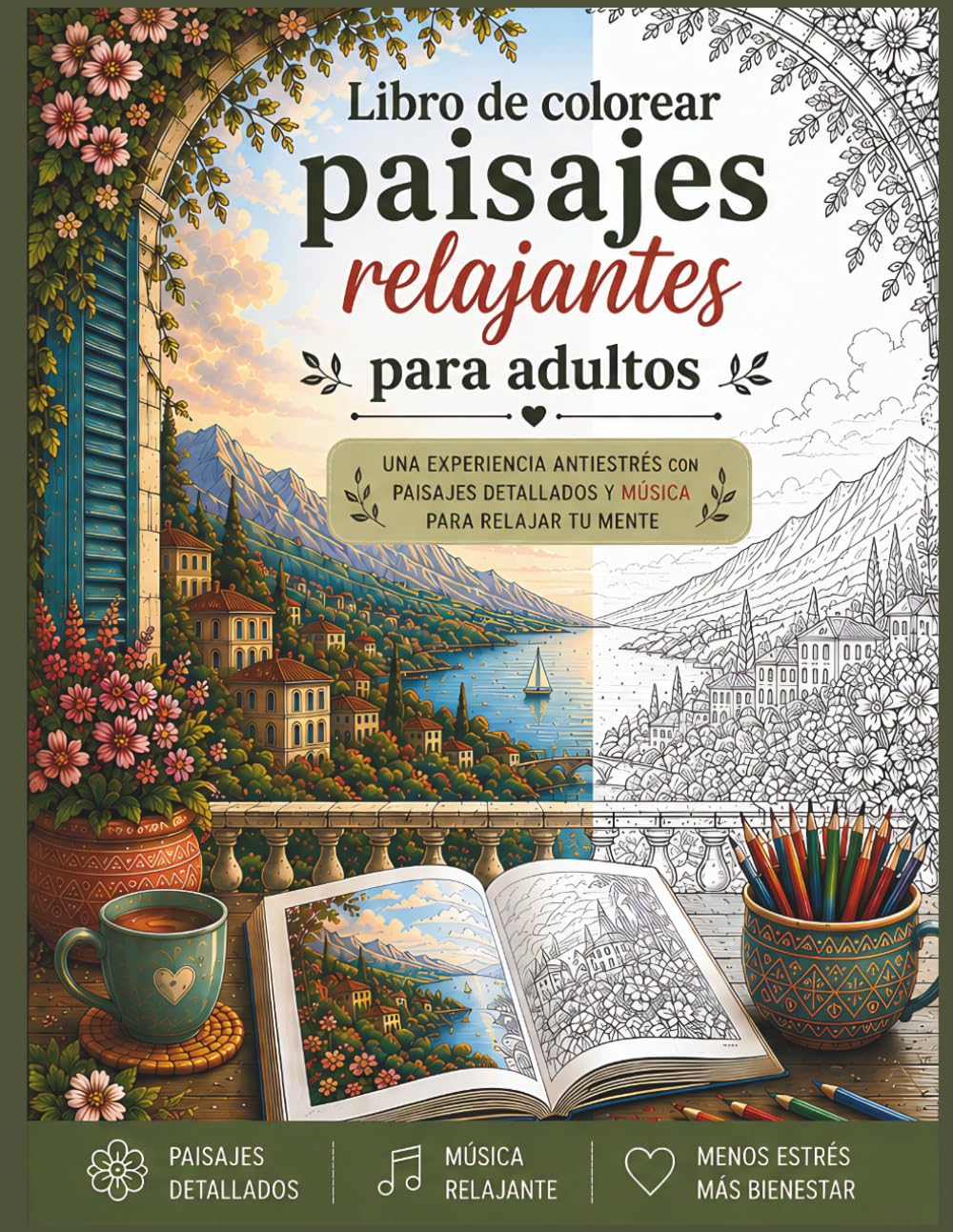 Libro de colorear paisajes relajantes para adultos: Una experiencia antiestrés con paisajes detallados y música para relajar tu mente. Mindfulness, Relajación y Creatividad para Reducir el Estrés