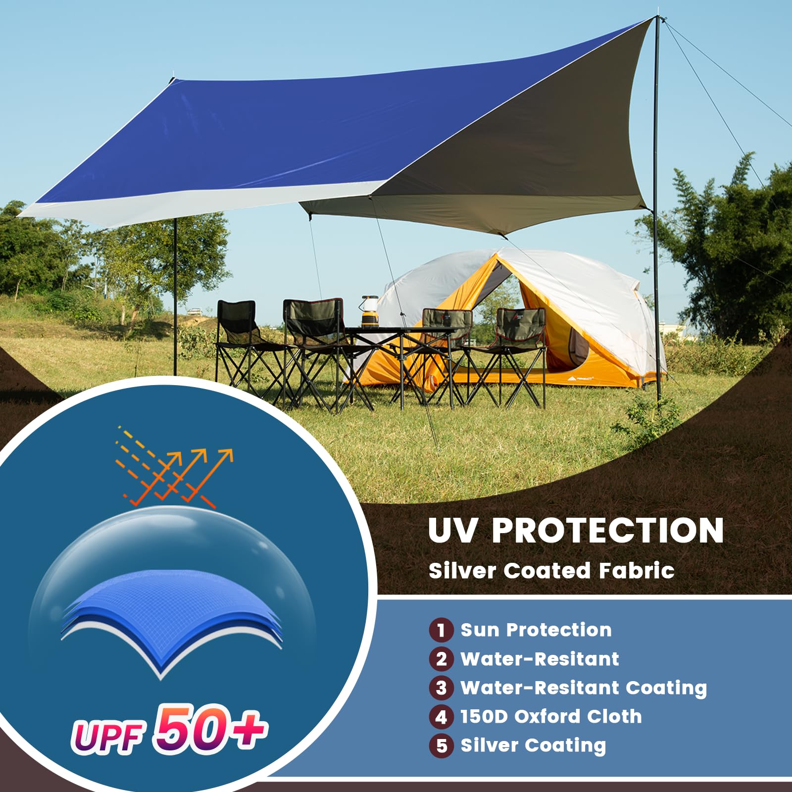 Toldo de Camping con 2 Postes, 3.7 x 4.3 m, toldo Impermeable PU2000+, UPF 50+, Revestimiento Plateado, Lona Impermeable con Ojales para Camping, mochileros, Senderismo