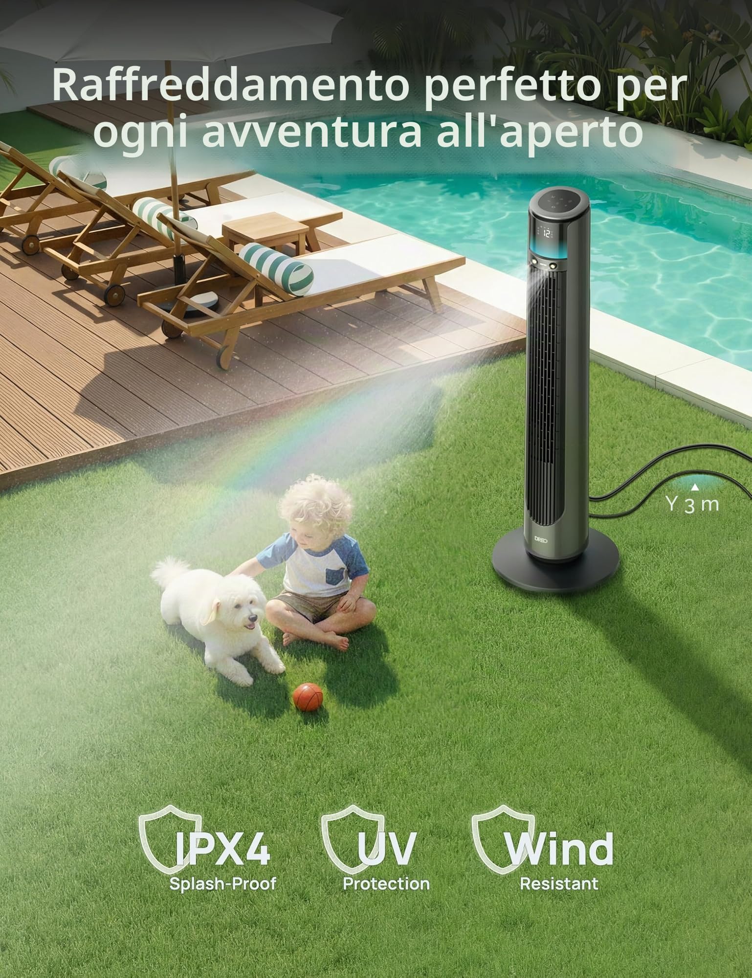 DREO TurboCool Outdoor 711AS - Ventilatore a nebbia per esterni, potenza 10 m/s, 12 livelli, 4 modalità, ventilatore intelligente a piantana, oscillazione a 150°, silenzioso 20 dB, motore DC