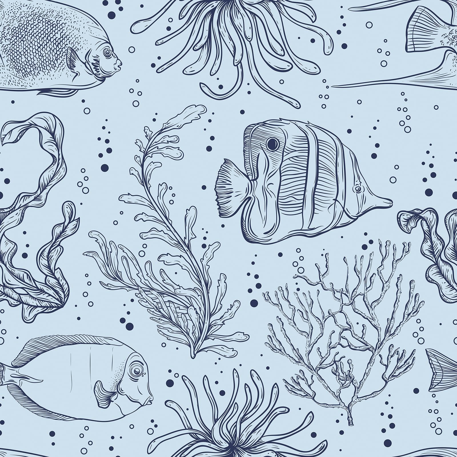 FunStick 44.5CMX9M Kids Ocean Wallpaper Bathroom Walls Fish Coral Seaweed Bedroom Self Adhesive Wallpaper Ocean Blue Vinyl Wrap Cupboard Waterproof Sea Coastal Sticky Back Plastic for Furniture Shelf