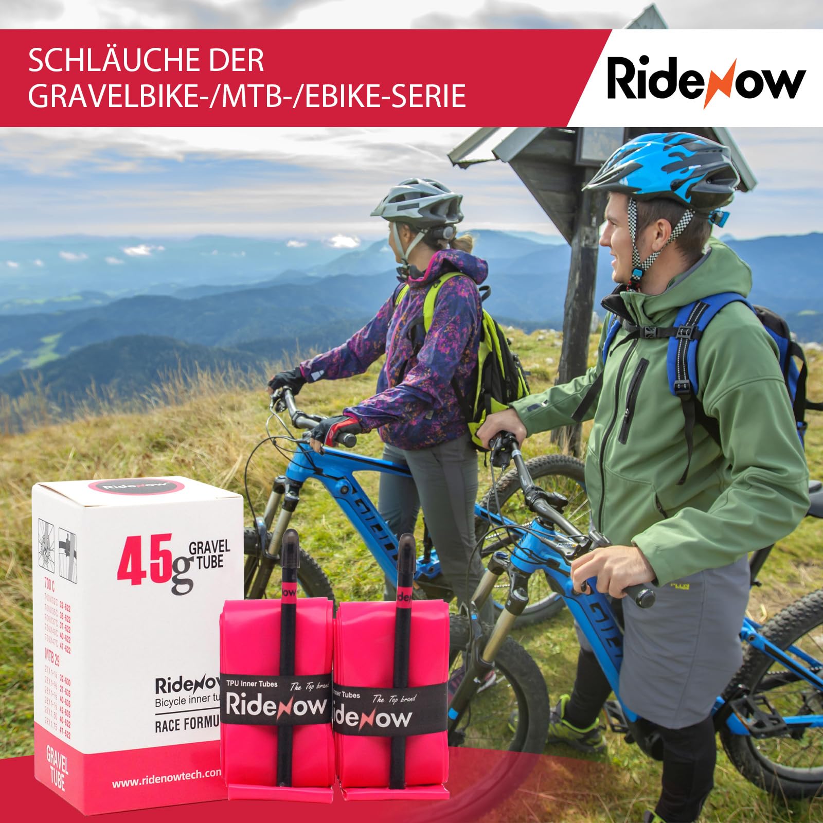 RideNow TPU Schlauch Rennrad Gravel Bikes MTB E-Bike, 700x32-47C 26 Zoll 27.5 Zoll 28 Zoll 29 Zoll Fahrradschlauch, 2 Pack Ultraleicht Schlauch mit Presta Ventil 45mm/65mm